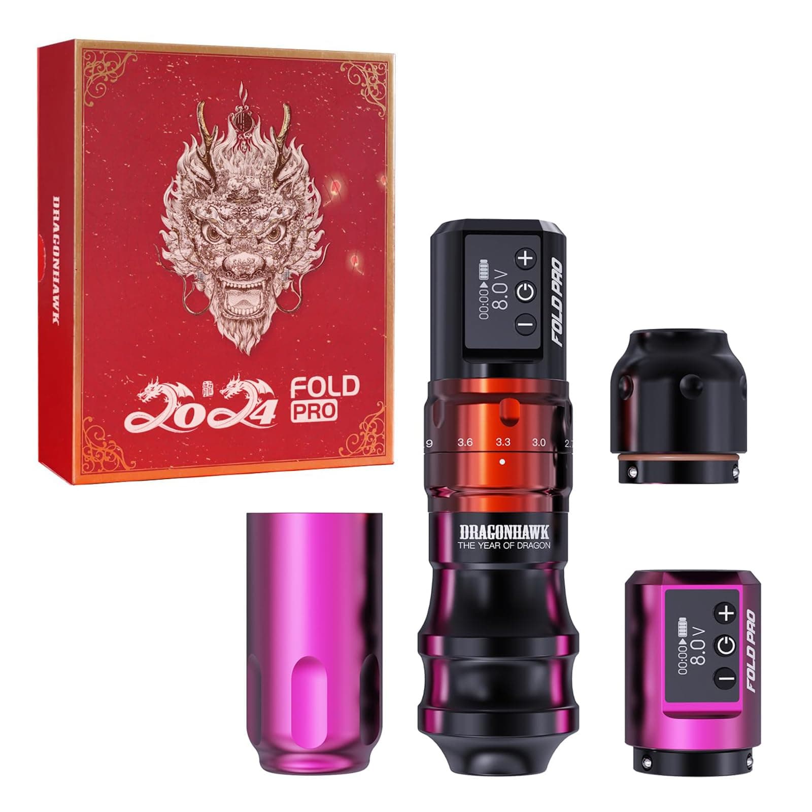 Dragonhawk Fold Pro Wireless Tattoo Machine Pen Máquina de tatuar Adjust Stroke Length 2.4 to 4.2mm Máquina de tatuaje con batería para Agujas de Cartucho de Tatuaje (RED)