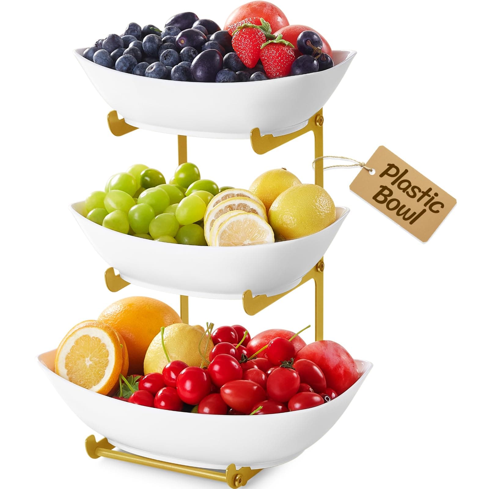 Lifewit Obst Etagere mit 3 Etagen, Kunstsoff Obstschale mit Schwarzem Metallregal, Obstkorb Etagere mit Servierplatten für Snack Gemüse Kekse Desserts, Buffet Party Zubehör, 28 x 35 cm/11×14", Gold