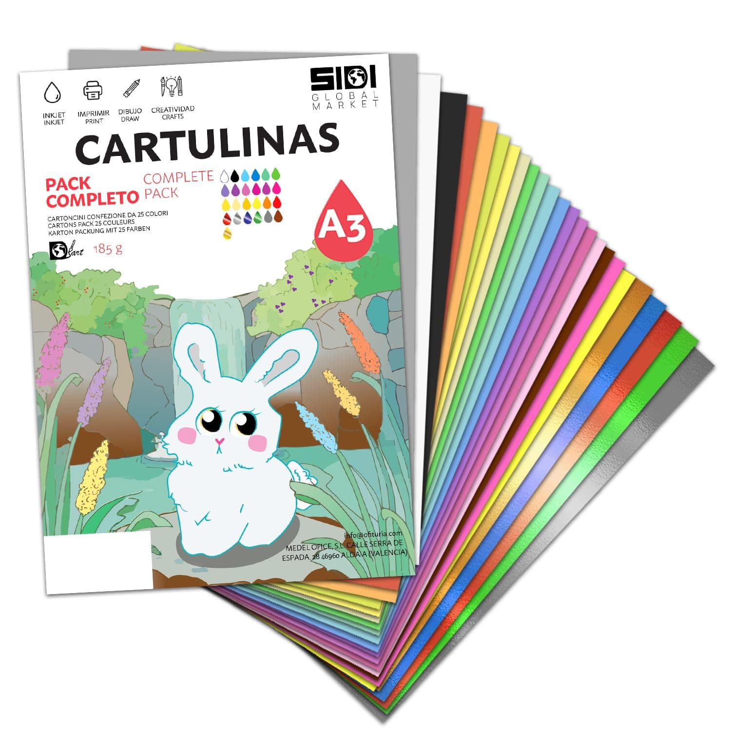 Cartulina A3 Pack Completo 185/230 g Cartulina de Colores y Metalizados para Manualidades, Scrapbooking, Impresora Inkjet y Láser, Pack Variado – SIDI (pack completo, 125h)