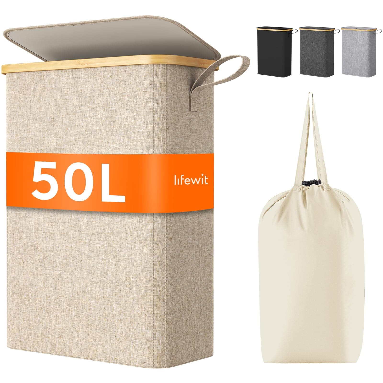 Lifewit 50L Wäschekorb Schmal mit Deckel, Faltbarer Wäschesammler Schmal mit Wäschesack, Laundry Basket Wäscheboxen aus Bambus mit Tragegriff für Apartment, Wohnheim und Wohnwagen, Beige