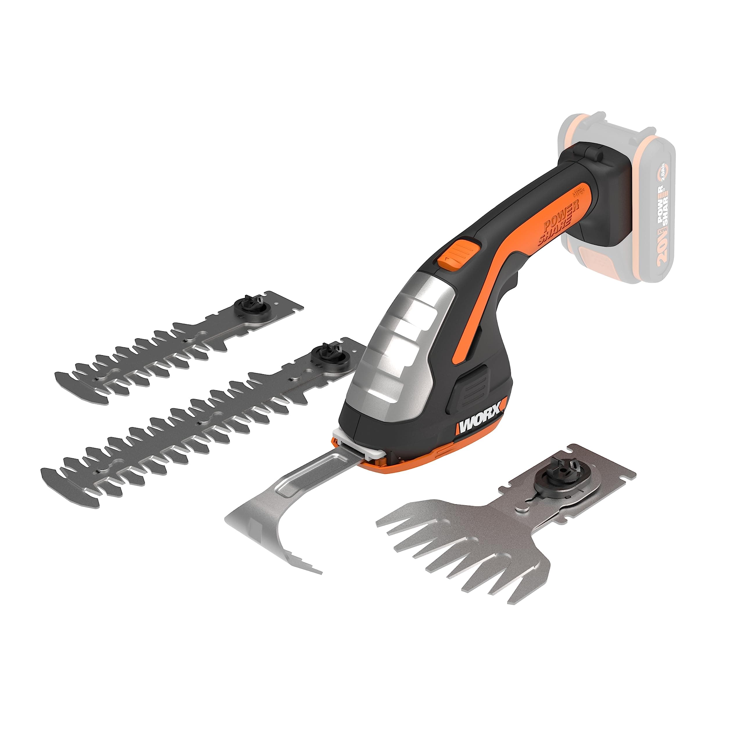 WORX WG801E.91 Heckenschere 20V - 4 in1 Multiwerkzeuge für Heckenschere, Rasenmäher, Heckenschneider und Schuppen - Einfacher Klingenwechsel - PowerShare kompatibel - ohne Akku & Ladegerät