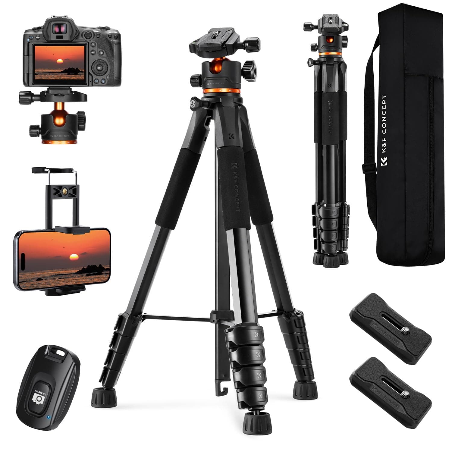 K&F CONCEPT Trípode Ligero Portátil 190cm S255A3+BH-36 Tripode para Movil de Cabeza Esférica para DSLR, Cámara Réflex Digital, Teléfono Móvil, etc., con Clip para Teléfono Móvil