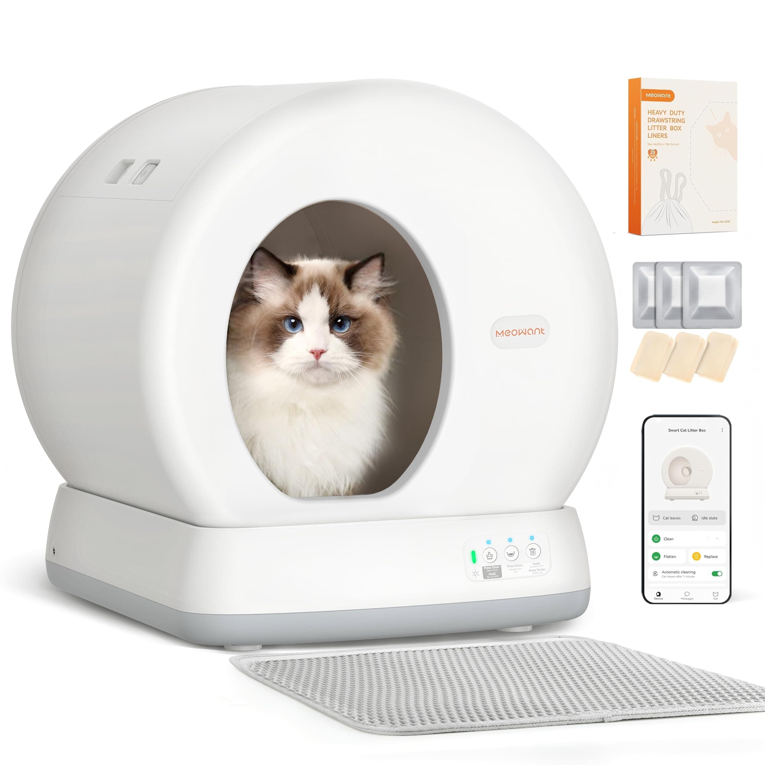 Arenero Gatos Autolimpiable MeoWant con Sistema de Seguridad Avanzado, Arenero Automatico, Extragrande, con Control de Olores y Control por Aplicación, con Tapete y Forro