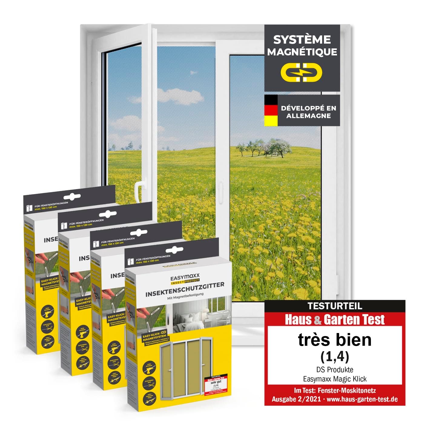 EASYmaxx Moustiquaire de fenêtre avec Magic Click | Peut être découpée individuellement pour toutes les fenêtres jusqu'à 150x130 cm | Montage avec 12 aimants - pas de perçage ni de vissage [4 Pièces]