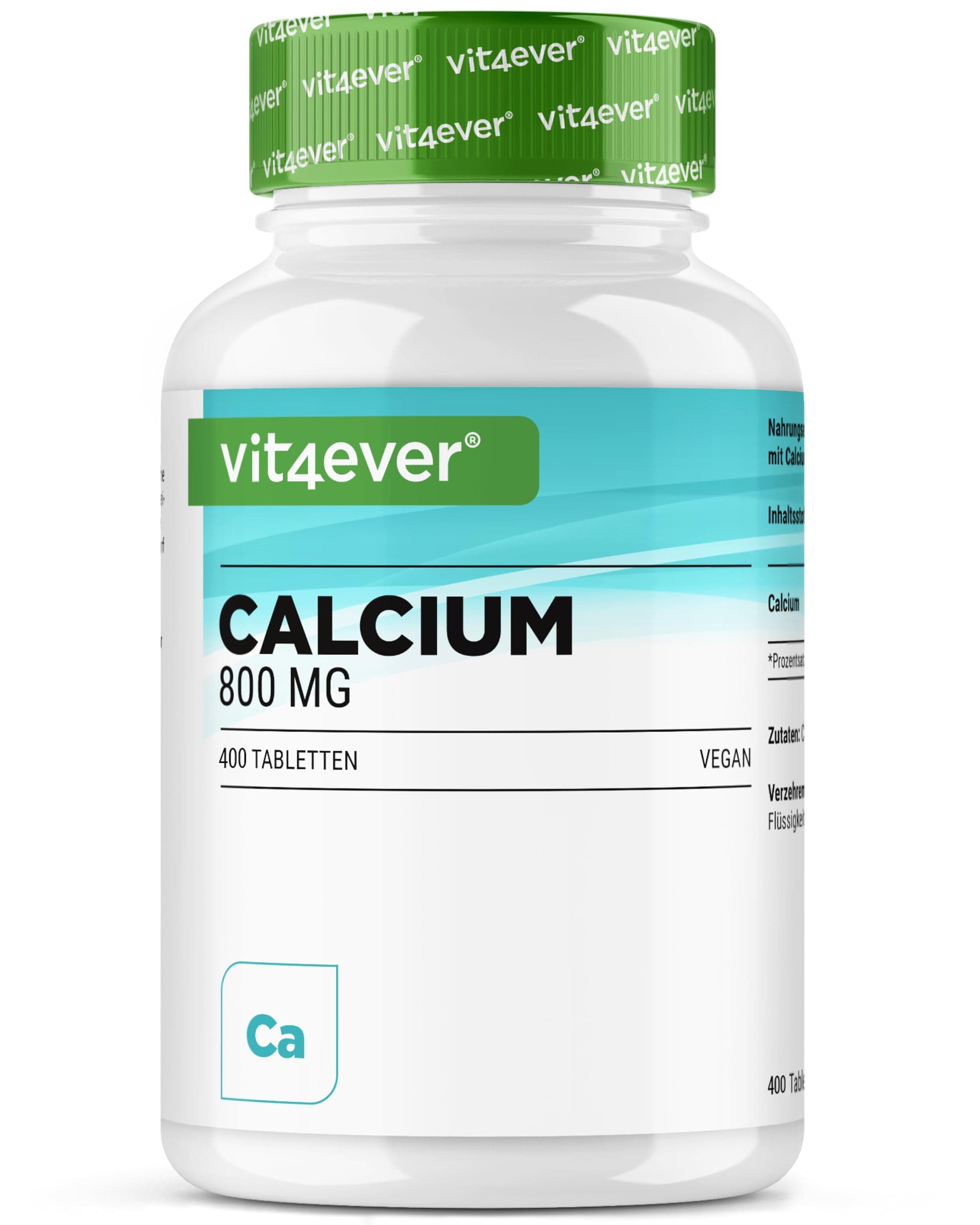 vit4ever Calcium - 400 Tabletten mit 800 mg Calcium aus Calciumcarbonat pro Tagesportion - Reicht für 6,6 Monate - Vegan, hochdosiert und ohne unnötige Zusätze