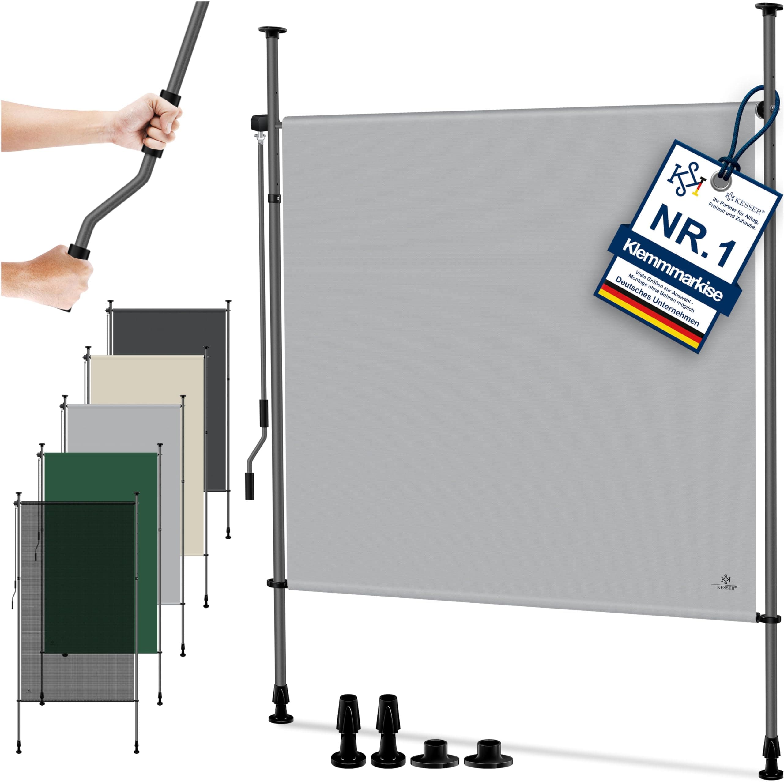KESSER® Klemmmarkise 200x310 cm, Garten Balkon Sichtschutz wetterfest, Wind- & Sonnenschutz, Senkrechtmarkise mit Handkurbel ohne Bohren, Ausziehbar, wasserdicht & UV-beständig, Grau