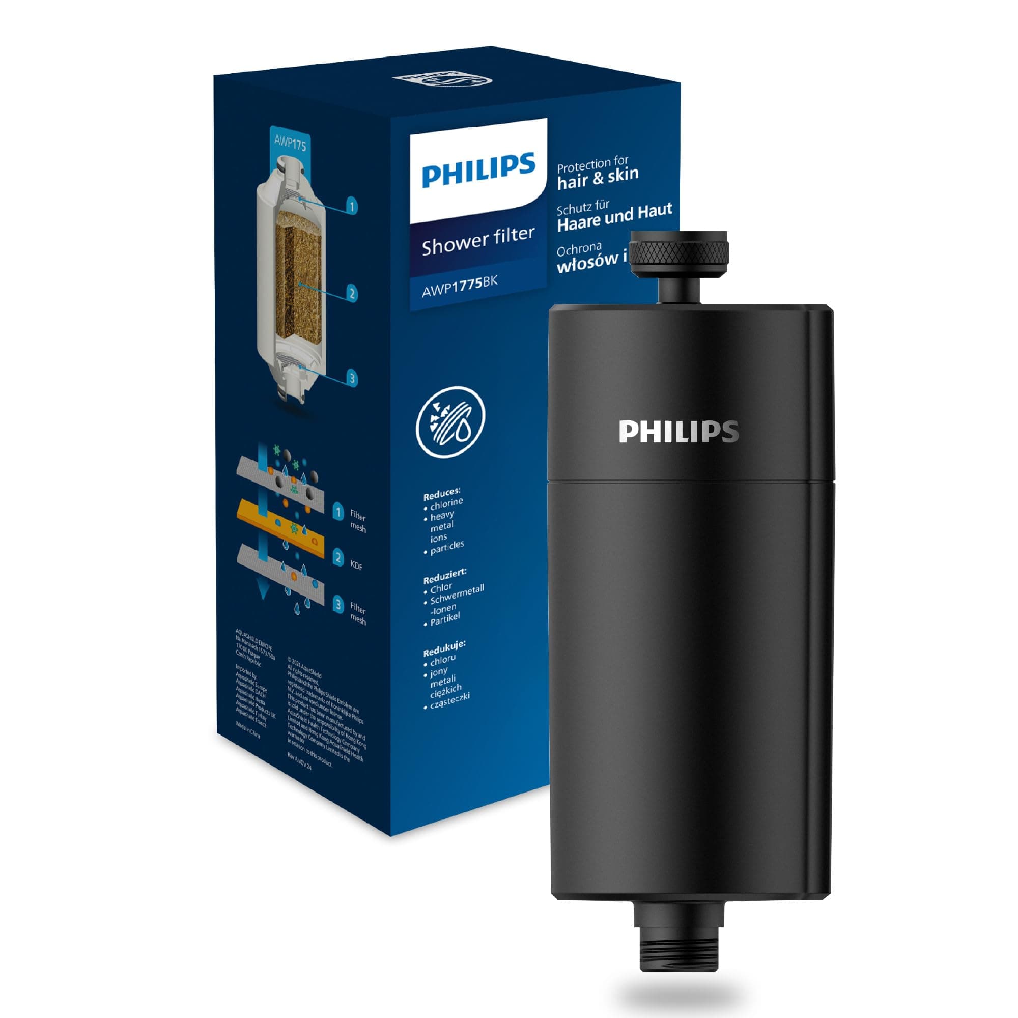 Philips Water Wasser-Inline-Duschfilter, 50 000.L Filterkapazität, SCHWARZ, reduziert Chlor um bis zu 99%, passend für alle Standardschläuche und -armaturen