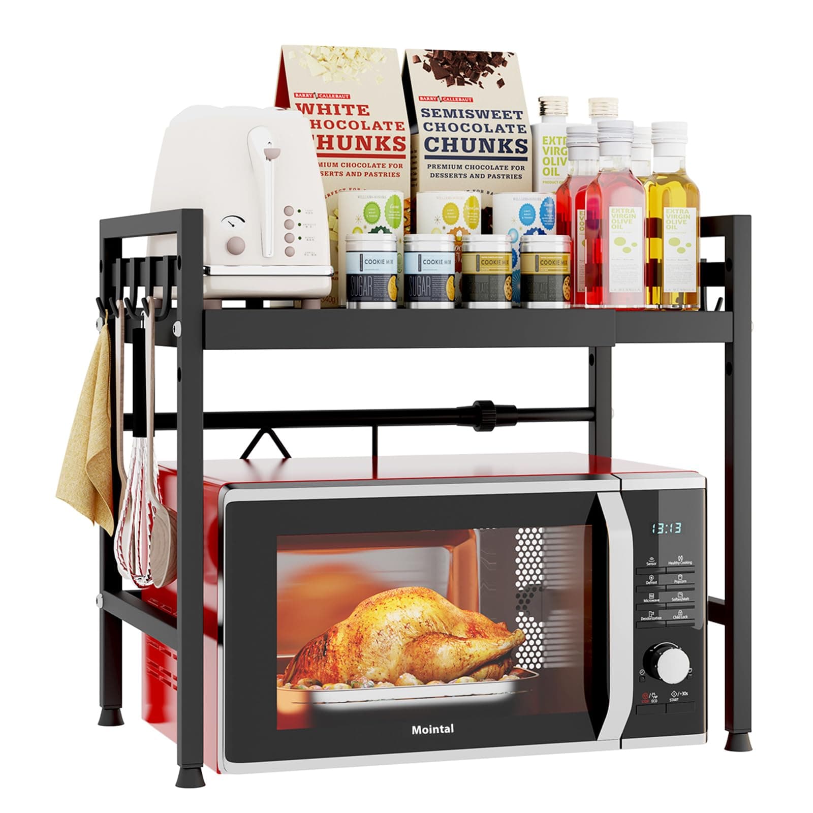 Mointal Ripiano Espandibile per Microonde, Mensola a 2 Livelli per Risparmio Spazio in Cucina, Supporto Microonde in Acciaio al Carbonio, Organizzatore di Stoccaggio per Cucina con 8 Ganci, Nero