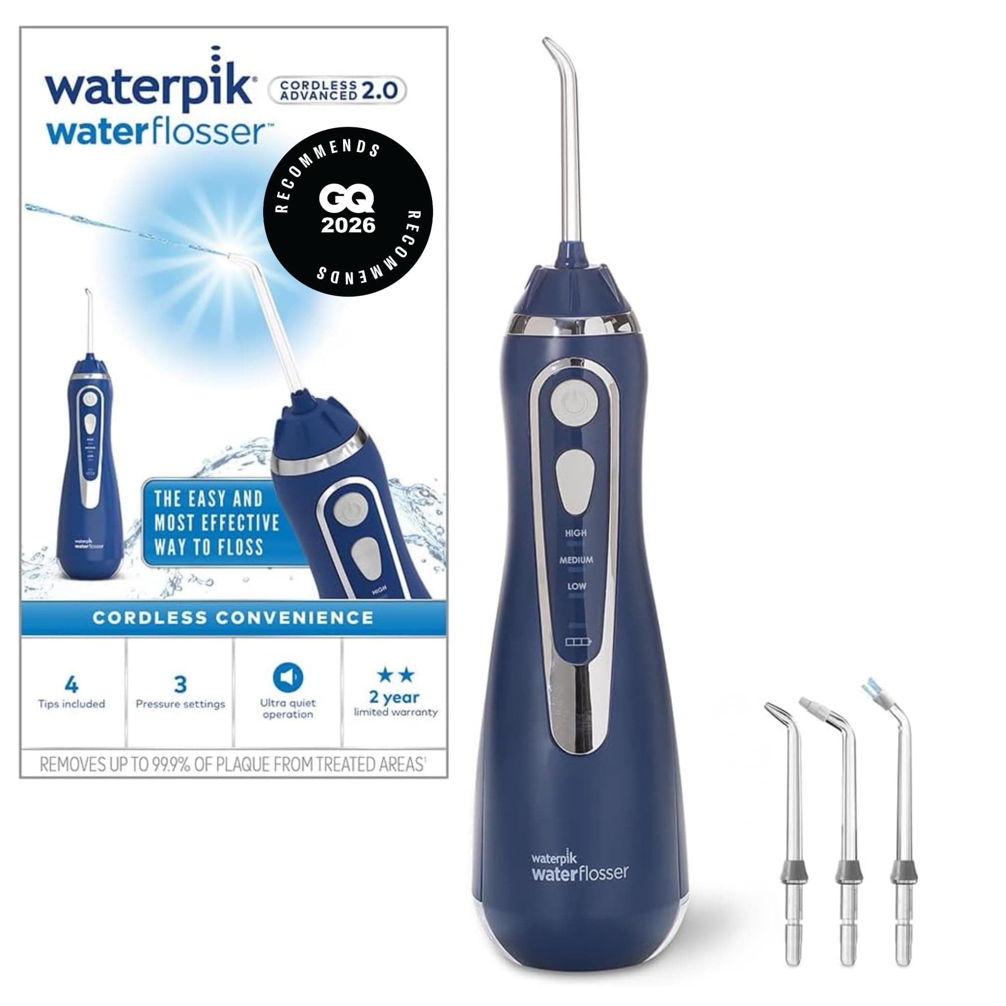 Waterpik Advanced Waterflosser kabellos, Testsieger 2024, Precision Pulse Technology, bis zu 99,9 Prozent Plaque Entfernung, 4x Aufsätze, 3 Modi, Zahnzwischenraumreiniger, Induktionsladesystem, Blau