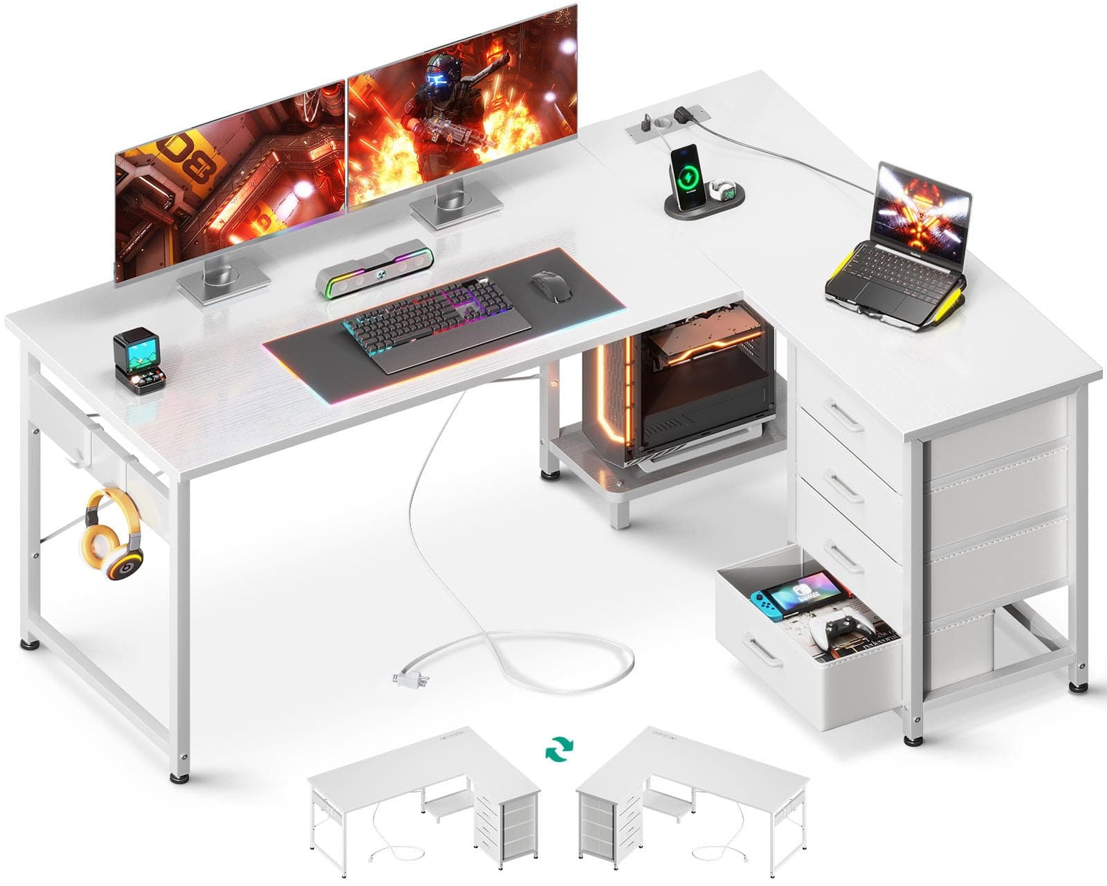 ODK Escritorio Esquinero con Cajones, 135×100 cm Escritorio en L con Enchufes y Puerto de Carga USB, Escritorio Esquina Reversible con Almacenamiento para Oficina en Casa, Blanco