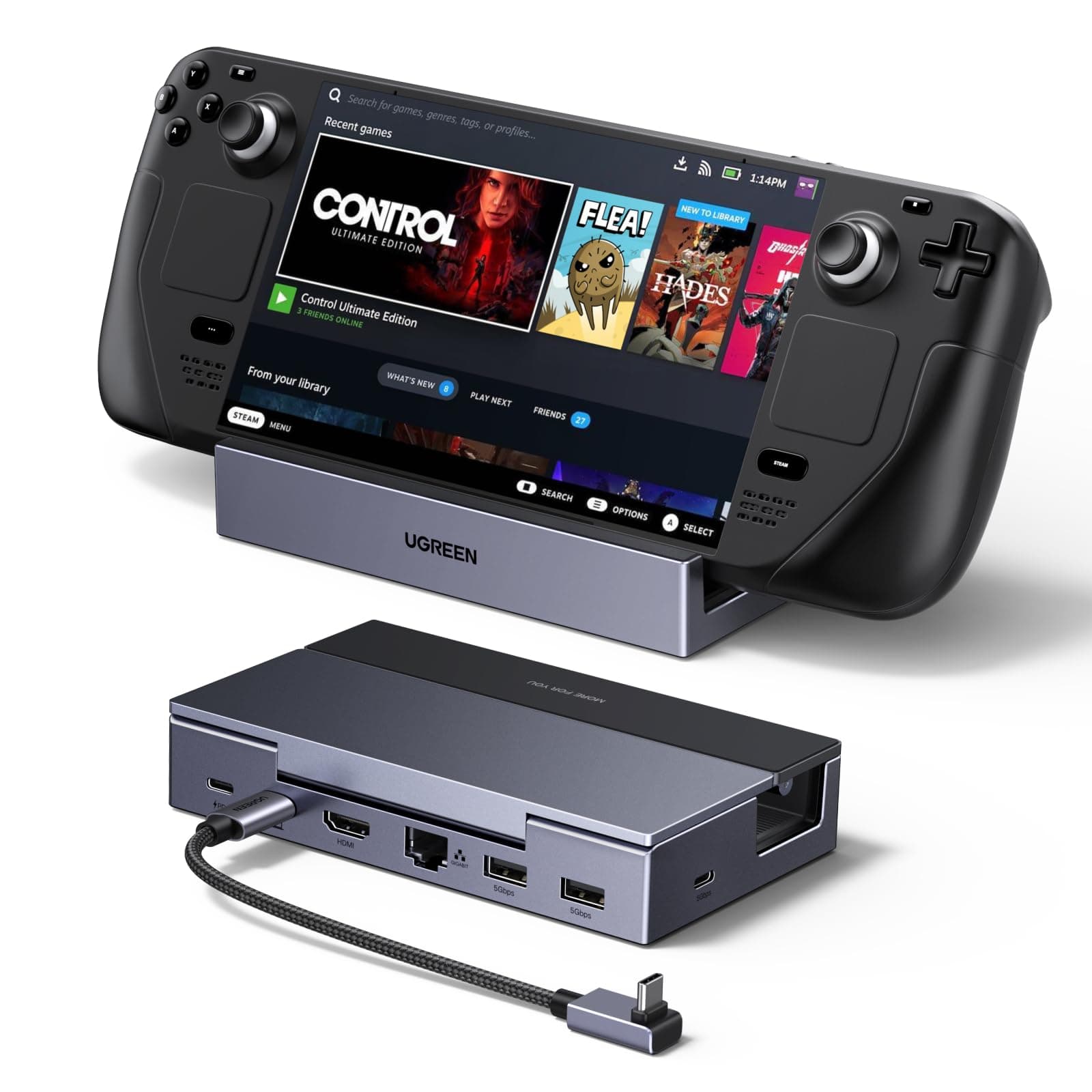 UGREEN Steam Deck Dock mit HDMI 4K@120Hz, Verstellbares Docking Station mit 5Gbps USB A & USB C 3.0, 100W PD-Ladung, 1Gbps Ethernet, Kompatibel mit Steam Deck, OLED, ROG Xbox Ally, Legion go, MSI Claw