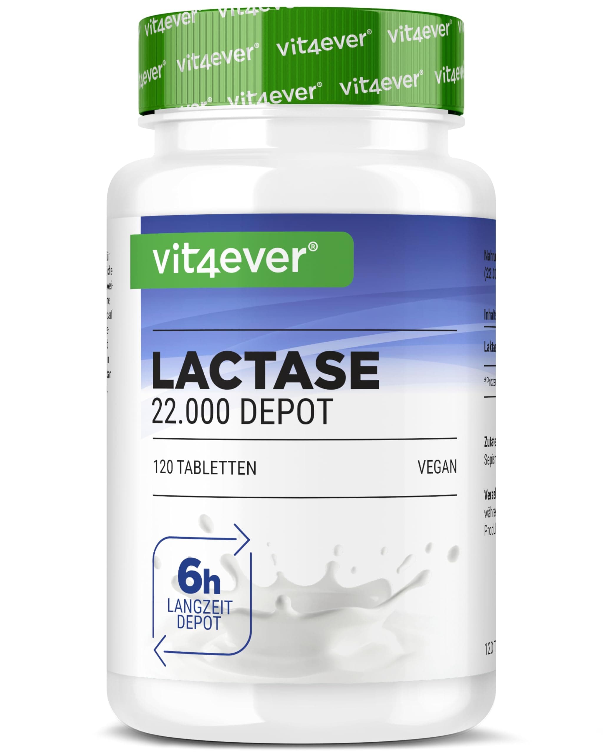 vit4ever Laktase 22.000 Depot - 120 Tabletten mit Depotwirkung (Sepismart® Slow Release) - Hochdosiert mit 22.000 FCC-Einheiten - Bei Laktoseintoleranz + Milchunverträglichkeit - Vegan