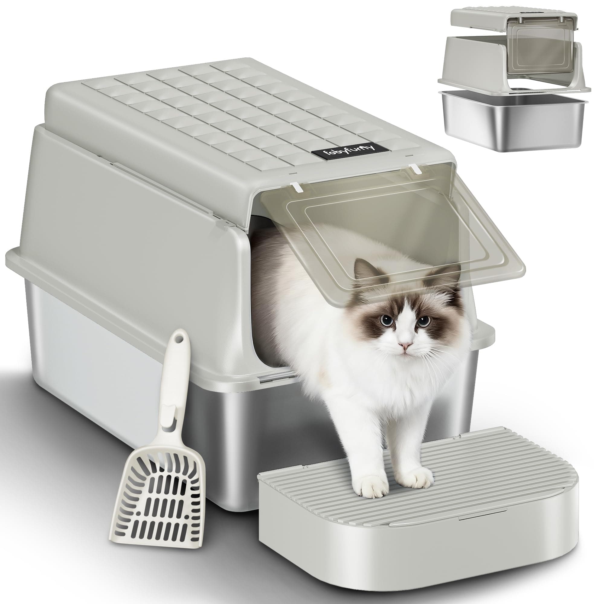 Fobyfurny Lettiera Acciaio Inox Chiusa con Coperchio, Lettiera Gatto Acciaio Inox XXL, con Paletta e Pedana, Rimovibile, Coperchio Incernierato a 120°, Facile da Pulire, Grigio Crema, FPLB001SG1