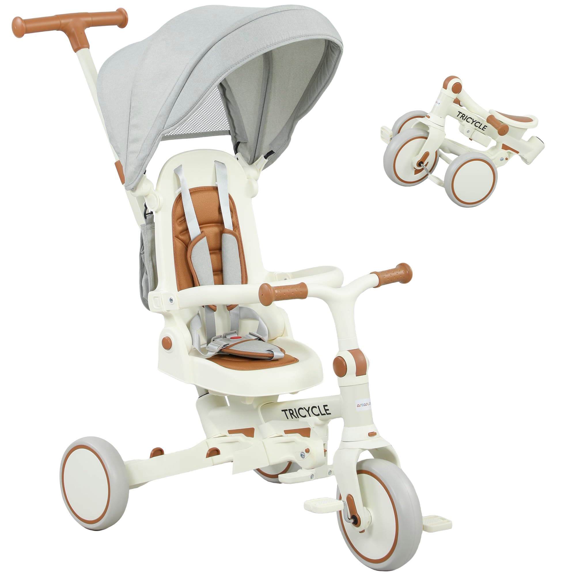 AIYAPLAY Tricycle bébé évolutif 5 en 1, Tricycle Enfant Pliable avec poignée parentale réglable, Capote Amovible, Harnais de sécurité 5 Points, Repose-Pieds, Sac de Rangement, pour 1-3 Ans, crème