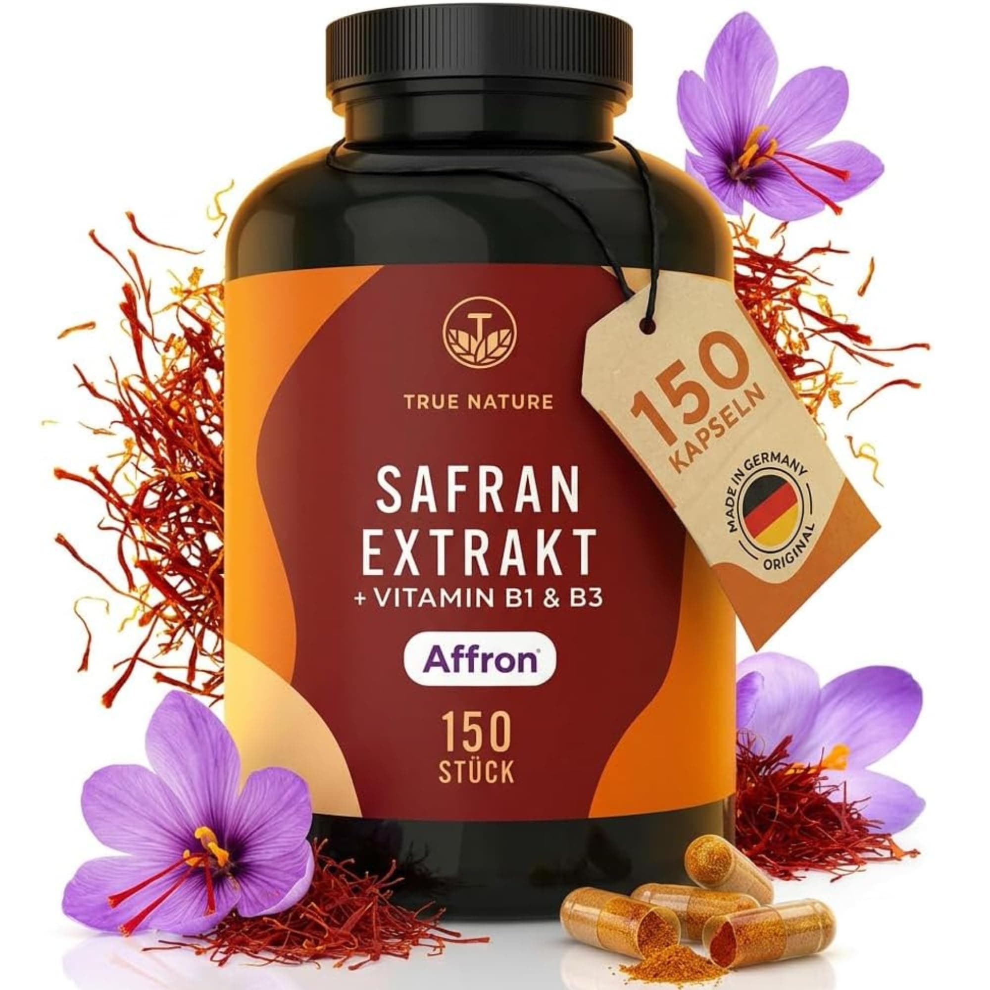Safran Kapseln – 150 Kapseln (30 mg Affron® pro Tag) – Safranextrakt 3:1 – 3,5% Lepticrosalide – Mit Vitamin B1 & B3 für psychische Funktion – Vegan & Ohne Zusätze – TRUE NATURE®