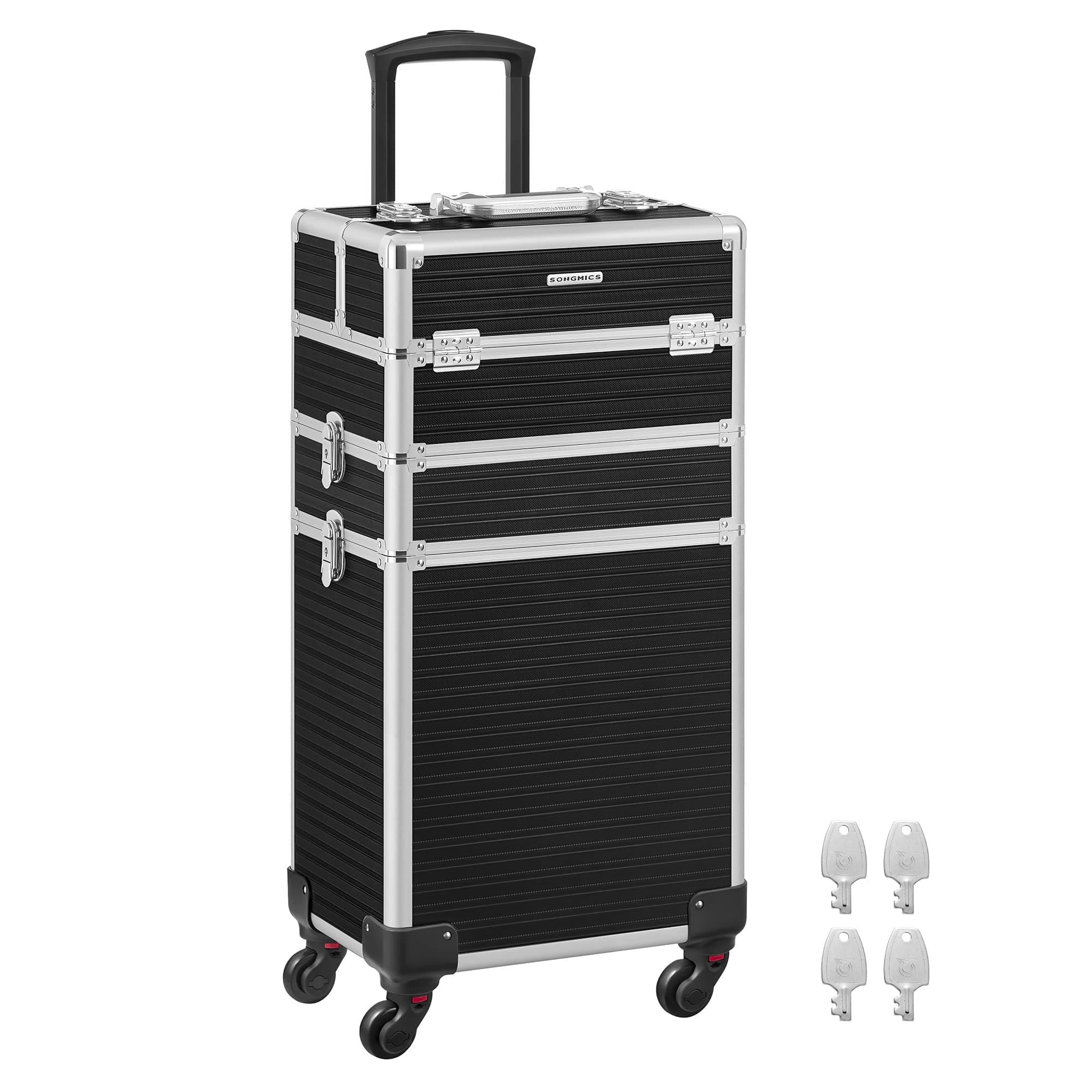 SONGMICS Valise de Maquillage Professionnel 3-en-1, Mallette Cosmétique, XXL, 34 x 24 x 70,5 cm, Verrouillable, roulettes à 360°, pour Voyages, Manucure, Maquilleur, Coiffure, Noir JHZ014B01