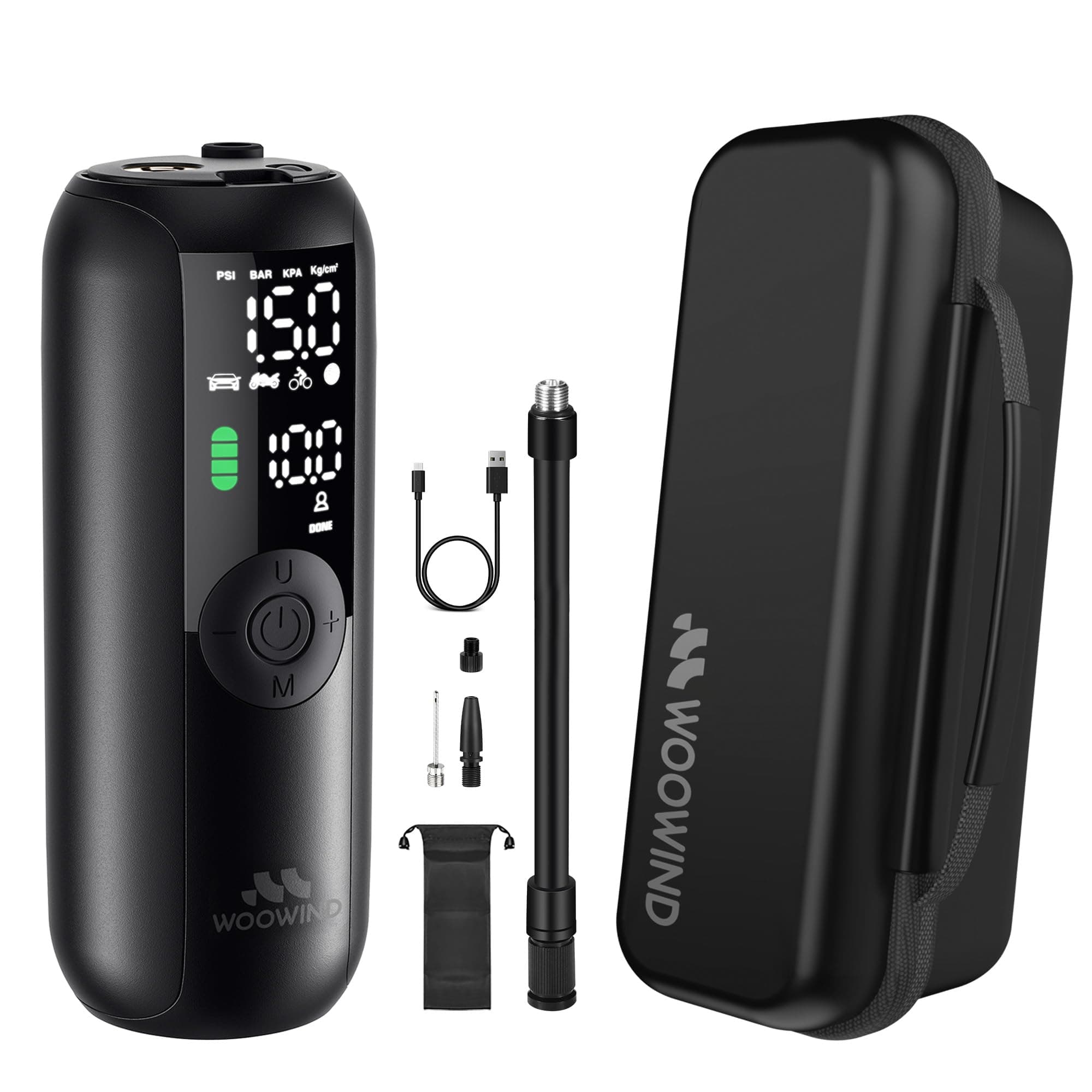 Woowind LP1 Compresor Aire Portatil, Bomba Bicicleta, Inflador Ruedas Coche, Inflado en 1 Minuto, 150PSI/10,3Bar Hinchador Ruedas Coche, Apagado Automático, Pantalla LCD, Linterna LED+Estuche Paquete