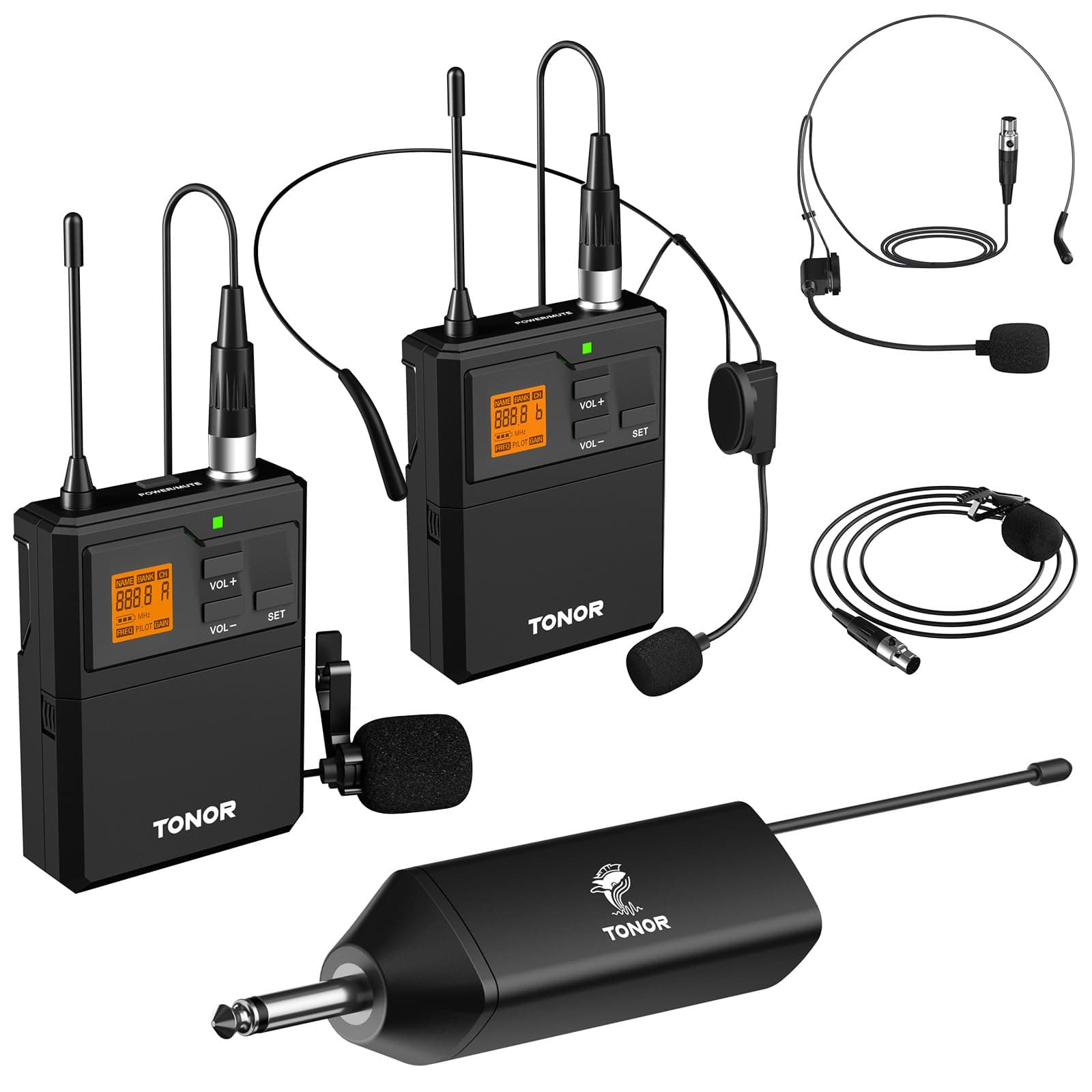 TONOR Microfono Wireless doppio UHF con Microfono archetto/Lavalier Microphone e Trasmettitore Bodypack e Mini Ricevitore Ricaricabile 1/4" Uscita, Distanza 60M Segnale stabile per Prestazioni Live