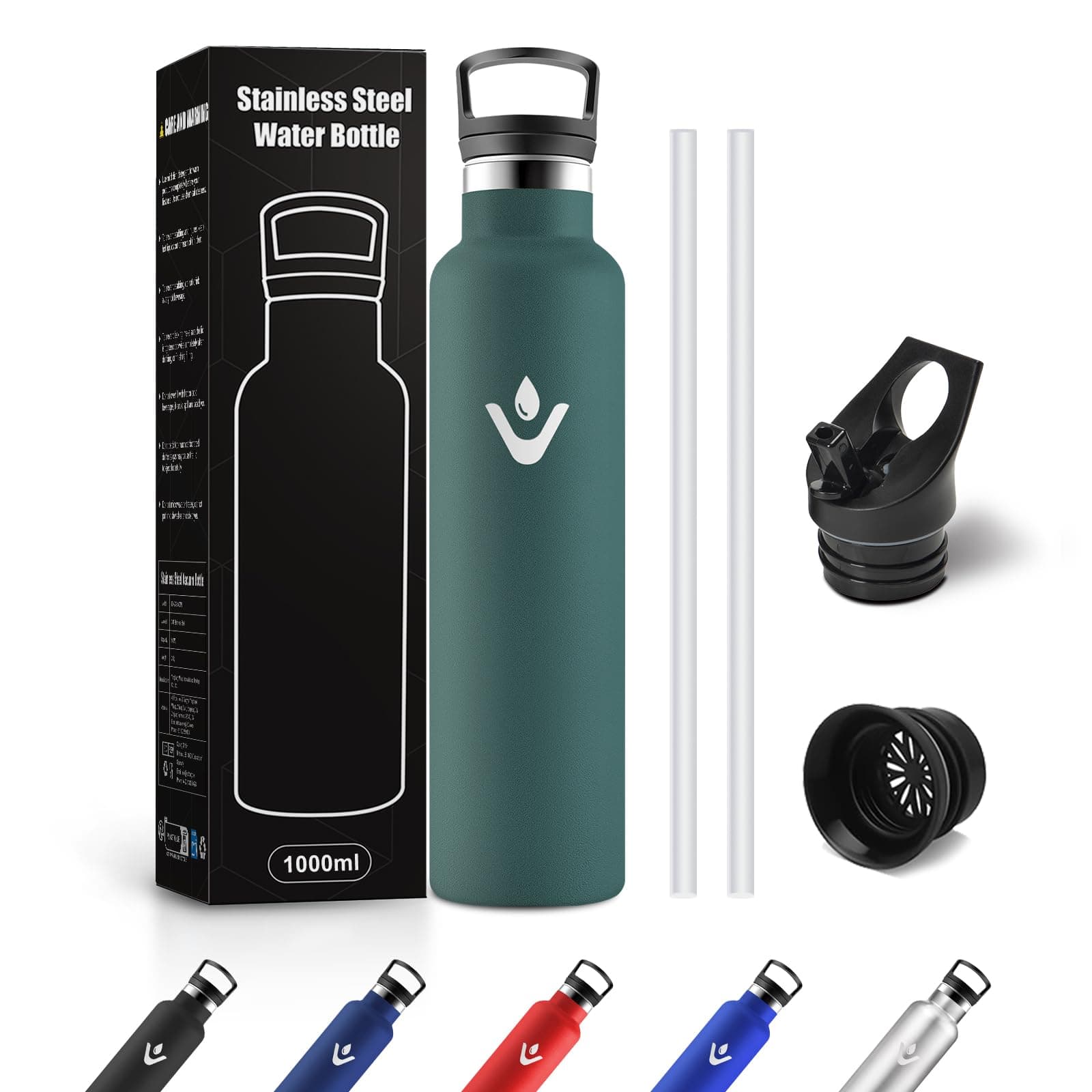 JAPORIA Borraccia Acciaio Inox 1L, Termos con Cannuccia, a prova di perdite, Riutilizzabile, senza BPA, Bottiglia per Uffici, Viaggio, Ciclismo