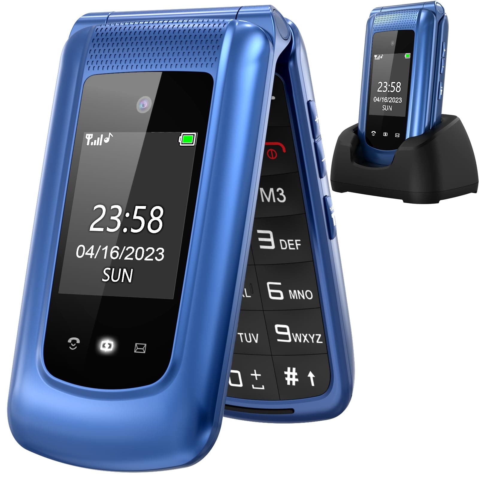 uleway Telefono Cellulare per Anziani con Tasti Grandi,Senior Telefoni per Persone Anziane,Volume alto,Funzione SOS,Pantalla 2.4+1.77",Base di ricarica e fotocamera(Blu)