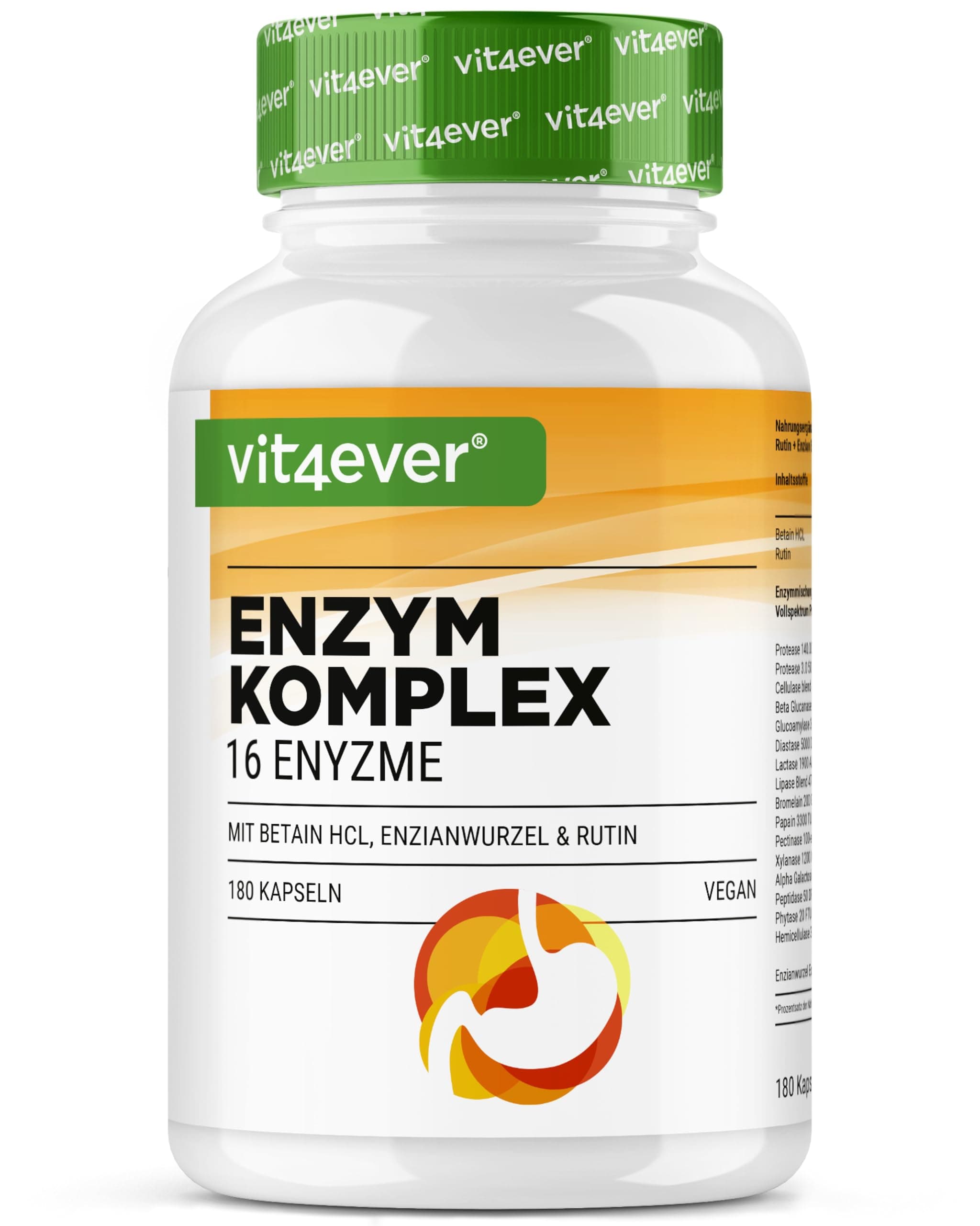 vit4ever Verdauungsenzyme - 180 Kapseln mit 16 Enzyme plus Betain HCL, Rutin & Enzianwurzel - Mit Bromelain, Papain, Amylase, Lipase, Protease, Laktase - Vegan - Hochdosiert