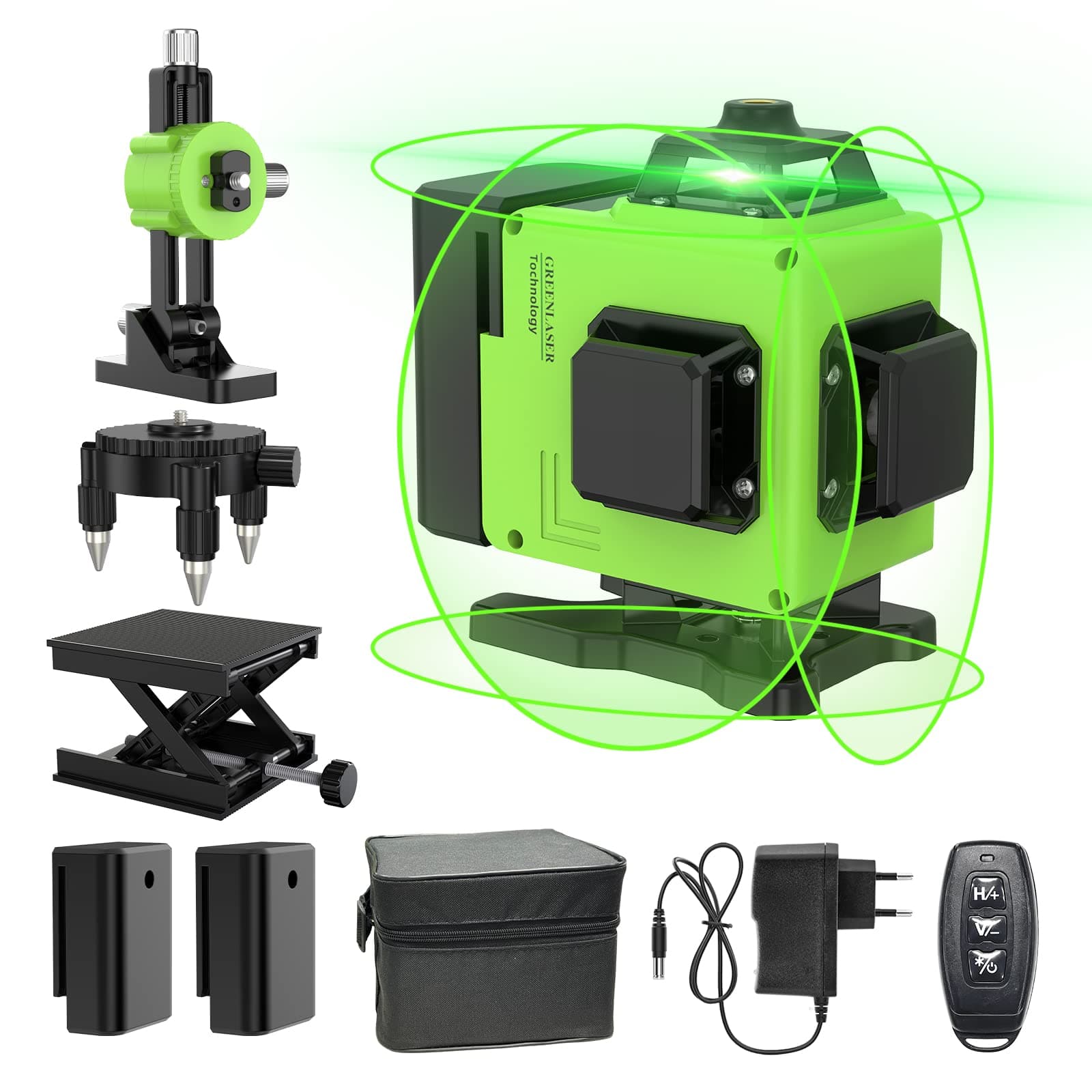 Nivel Láser 4D Verde 360° Autonivelante – 16 Líneas con Brillo Ajustable, 2 x 2400 mAh Baterías y Base de Microajuste – Kit de Precisión con Bolsa de Protección