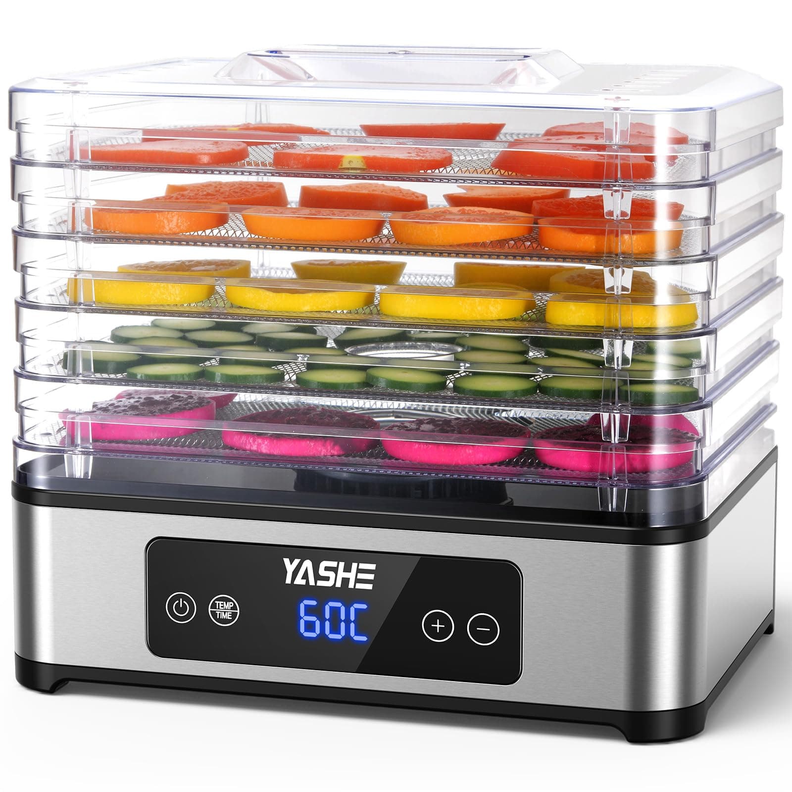 YASHE Essiccatore Alimentare, 5 Vassoi in Acciaio Inox, Timer e Temperatura Regolabili, Flusso d’Aria a 360°, Senza BPA, 400W Essiccatore Frutta e Verdura, Carne, Erbe, Snack per Cani