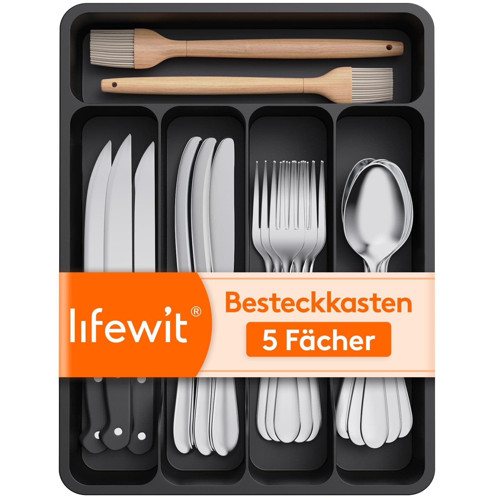 Lifewit Besteckkasten für Schubladen, 23 x 32 cm Küche Kompakt Besteckeinsatz, aus Kunststoff Utensilienhalter für Löffel, Gabeln, 5 Fächern, Schwarz