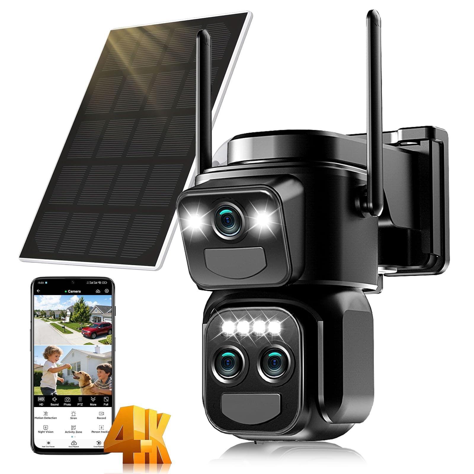 10X Caméra Surveillance WiFi Extérieure Sans Fil,4K Triple Objectif Camera Solaire Extérieur avec Panneau,355° PTZ,Détection Humaine PIR,Vision Nocturne,Suivi Automatique,Audio Bidirectionnel,IP66