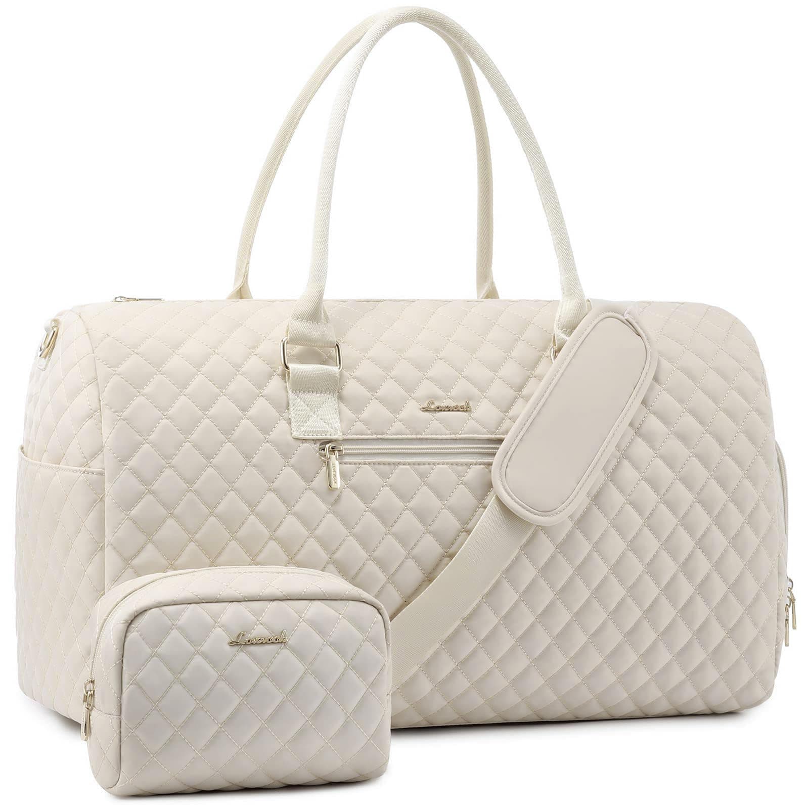 LOVEVOOK Reisetasche Sporttasche Damen, 45L Groß Weekender Travel Bag Kliniktasche Geburt mit Kulturtasche, Schuhfach & Nassfach, wasserdichte Handgepäck Tasche für Gym Flugzeug Reisen, Beige