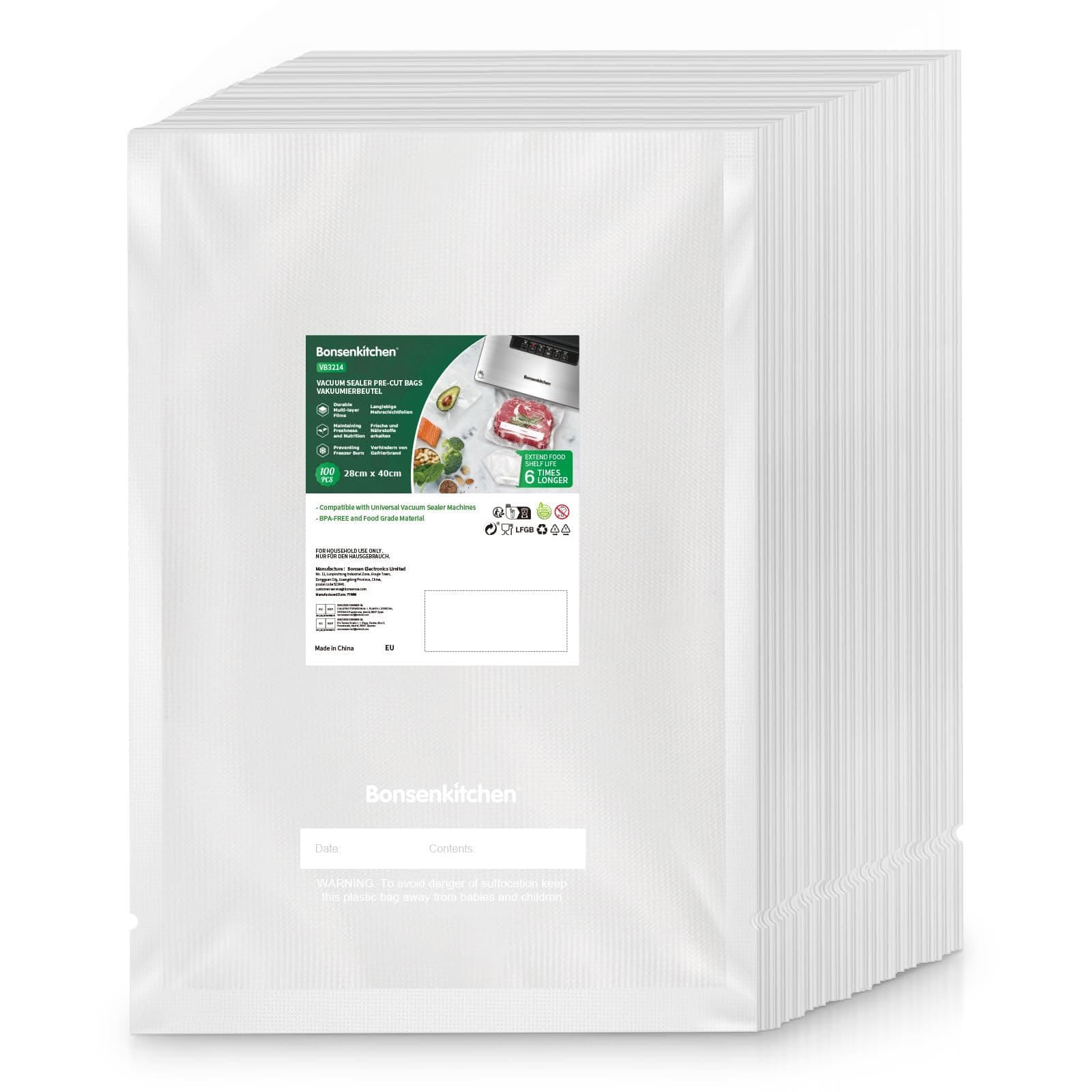 Bonsenkitchen Sacs Sous Vide Alimentaire, 100 Sacs -28 x 40 cm, pour Machines Sous Vide et Cuisson Sous Vide, Sans BPA, VB3214