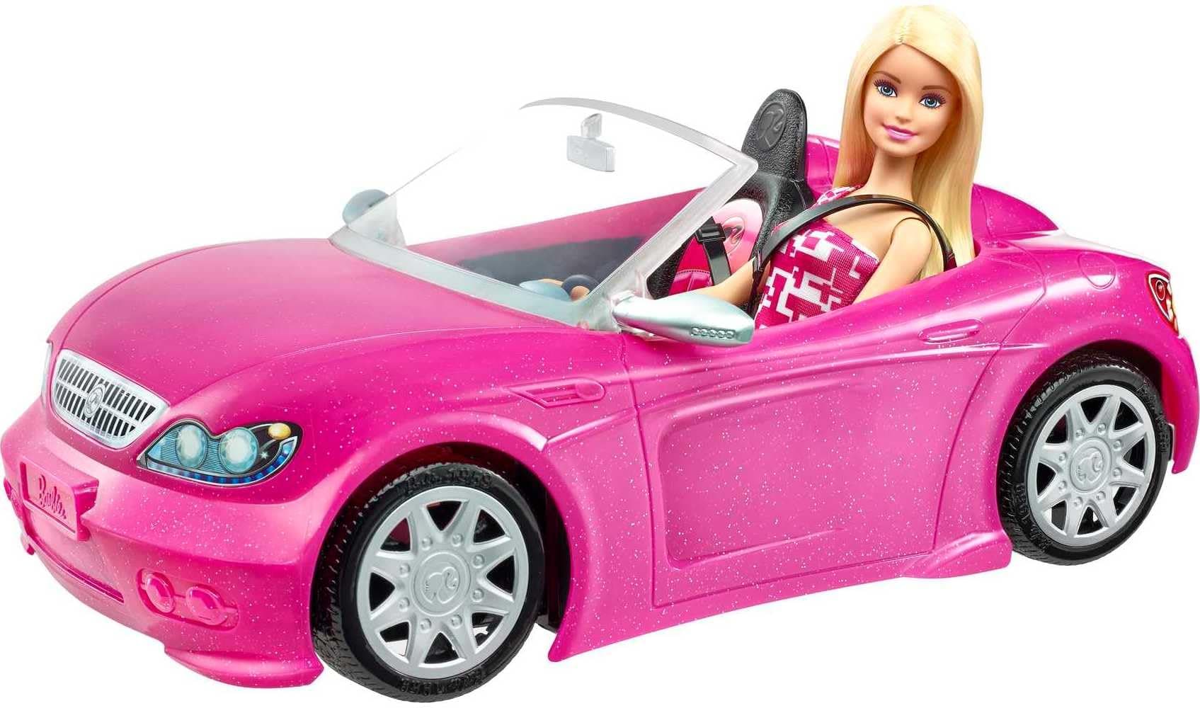 Barbie Puppe und Cabrio in rosa mit Glitzer, realistische Reifen Logo, Spielzeug ab 3 Jahren, DJR55
