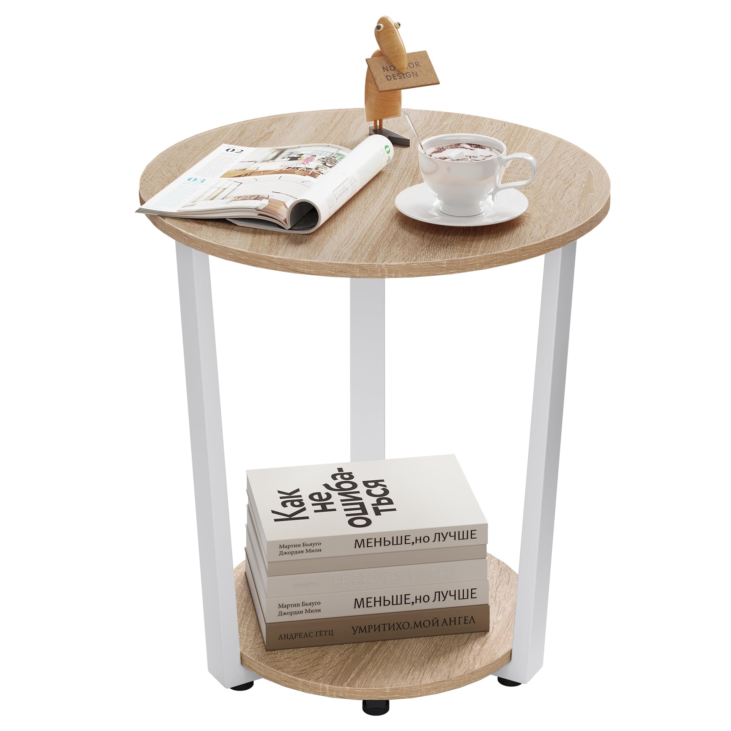 WOLTU Couchtisch rund, Beistelltisch modern, Wohnzimmertisch klein, Sofatisch mit 2 Ablagen, Wohnzimmer Tisch für Couch, Nachttisch, mit Stauraum, aus Holzwerkstoff, helle Eiche, BTS13hei