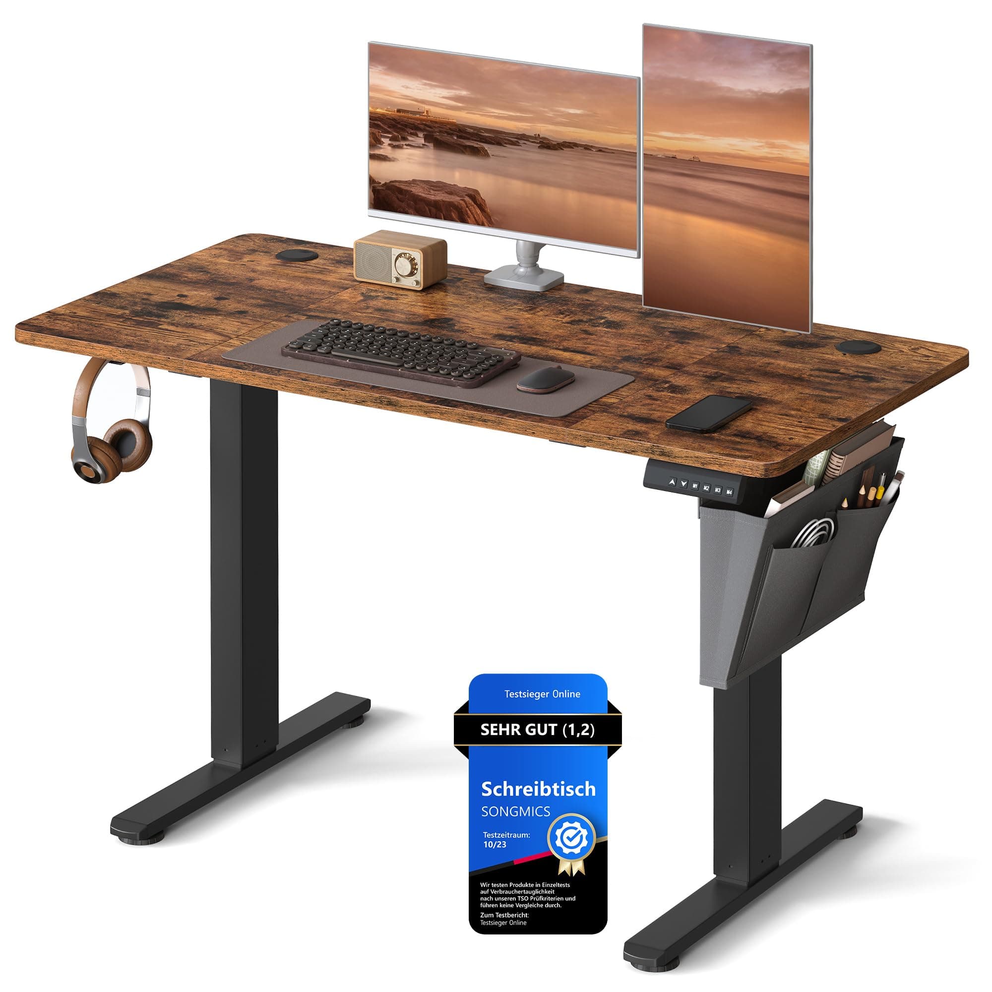 SONGMICS Höhenverstellbarer Schreibtisch elektrisch, 120 x 60 cm, Verstellbarer Tisch, Memory-Funktion für 4 Höhen, für Büro, vintagebraun LSD132K01