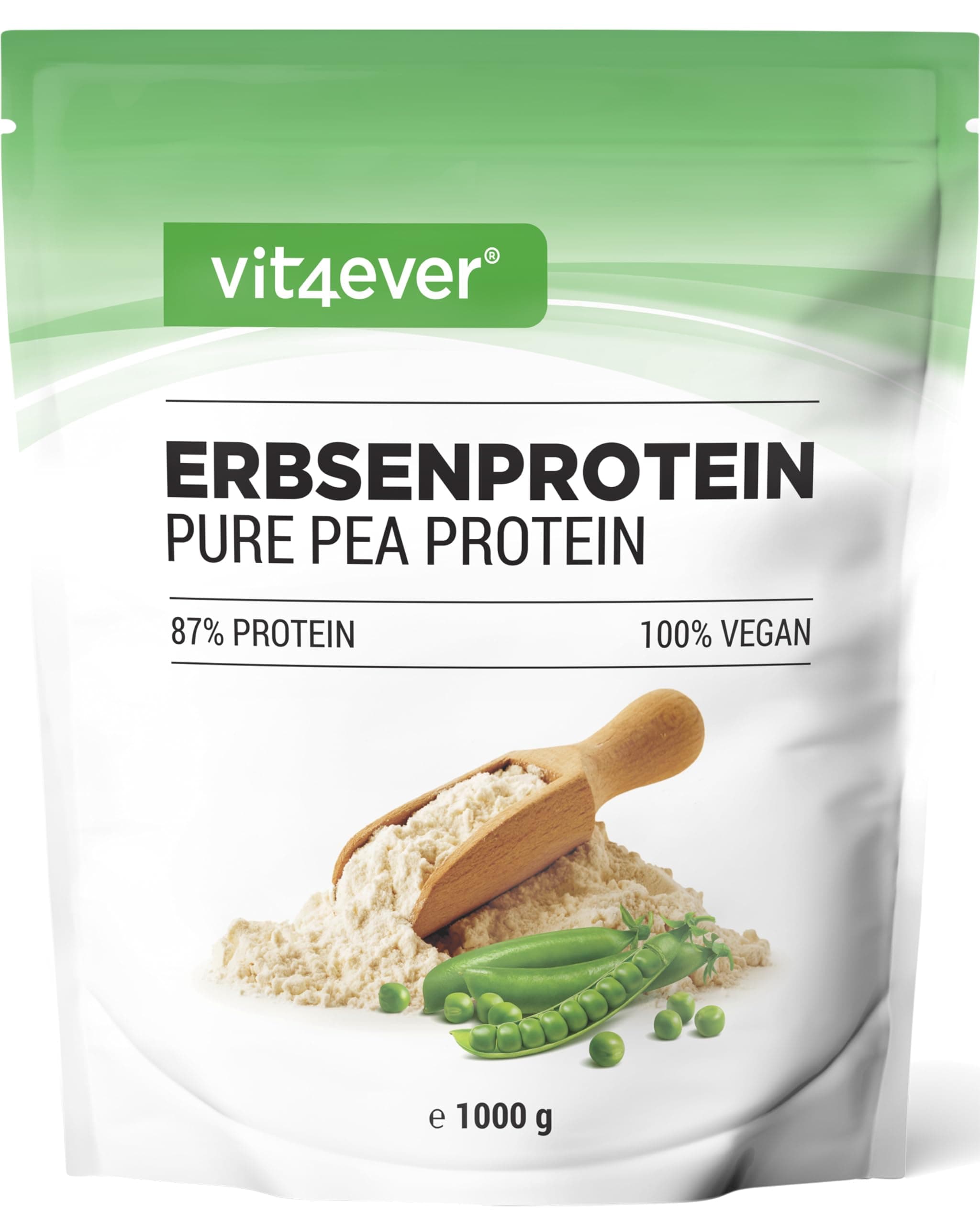 vit4ever Erbsenprotein Pulver 1000 g - 87% Protein - 100% Erbsenproteinisolat - Vegan - Herkunft Belgien - Reines Eiweißpulver - Glutenfrei, Sojafrei, Laktosefrei