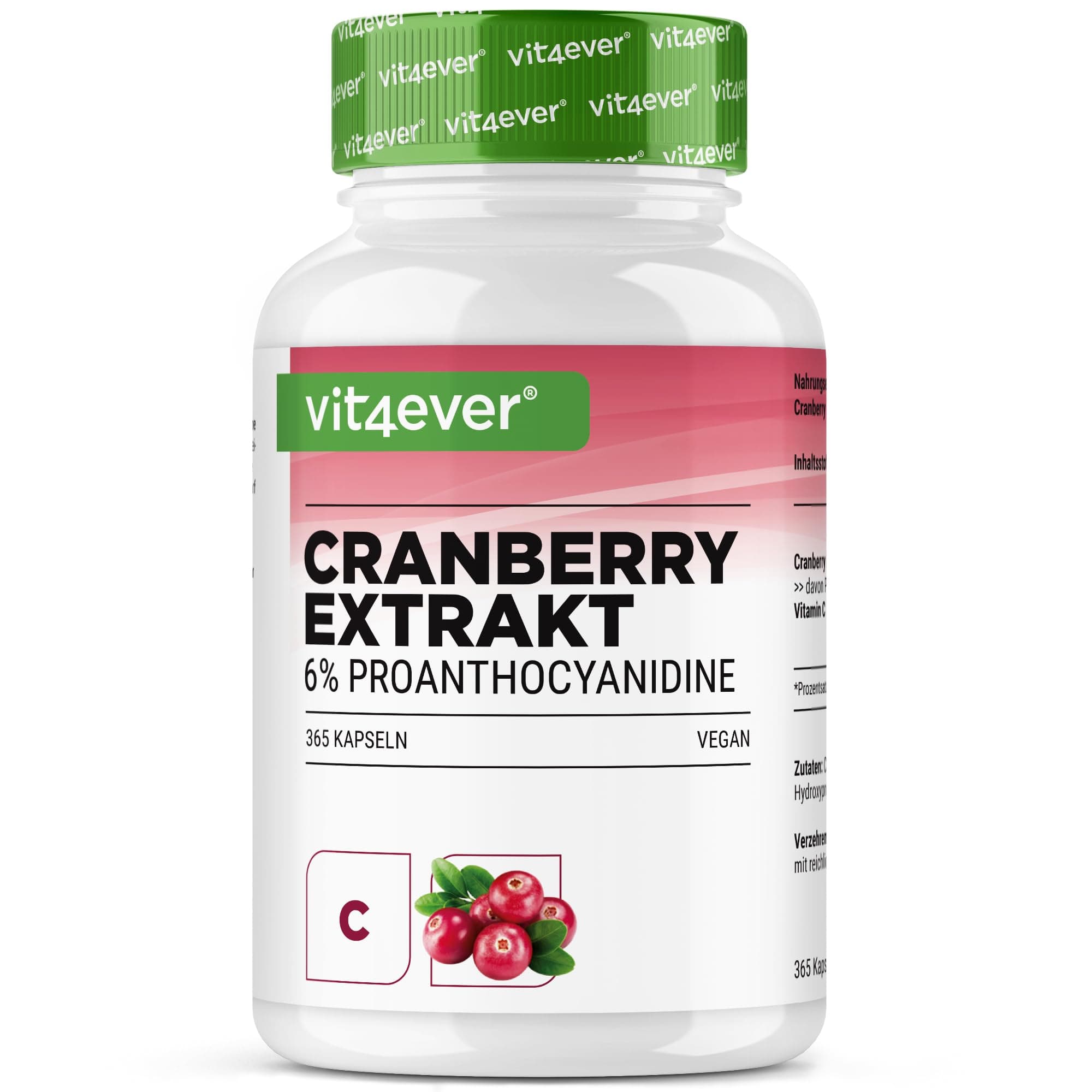 vit4ever Cranberry Extrakt + Vitamin C - 365 Cranberry Kapseln - 25:1 Extrakt, entspricht 25.000mg - 6% Proanthocyanidine - Hochdosiert, ohne unerwünschte Zusätze, vegan
