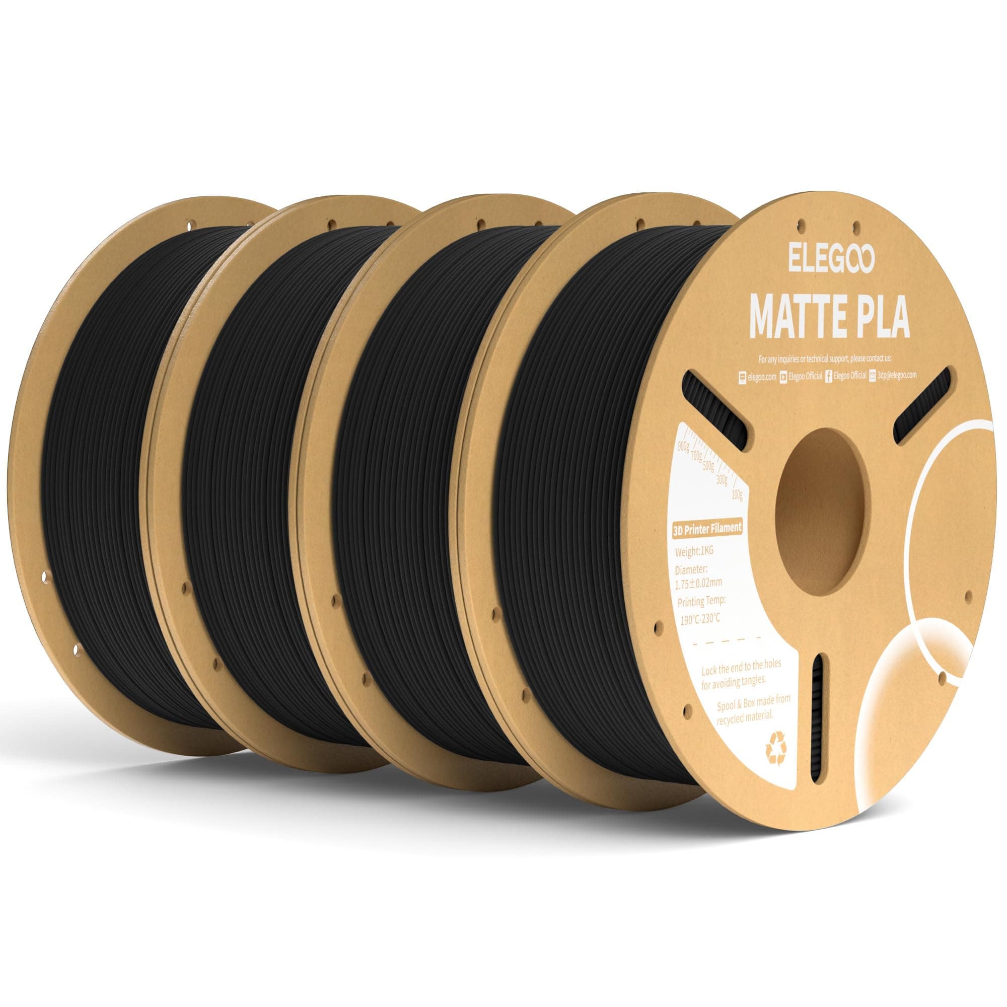 ELEGOO Filamento PLA Matte Nero 4 kg, 1,75 mm, Opaco PLA Filamento per Stampante 3D, precisione di misurazione +/- 0,02 mm, adatto per maggior parte delle stampanti 3D FDM