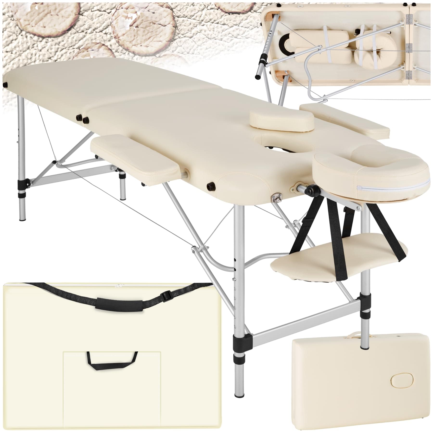 tectake Massageliege 2 Zonen, Massagetisch, Massageliege klappbar, höhenverstellbare Aluminium Massageliege, Portable Massagebank inkl. Zubehör, Alu-Kopfstütze, Armlehne und Tragetasche - beige