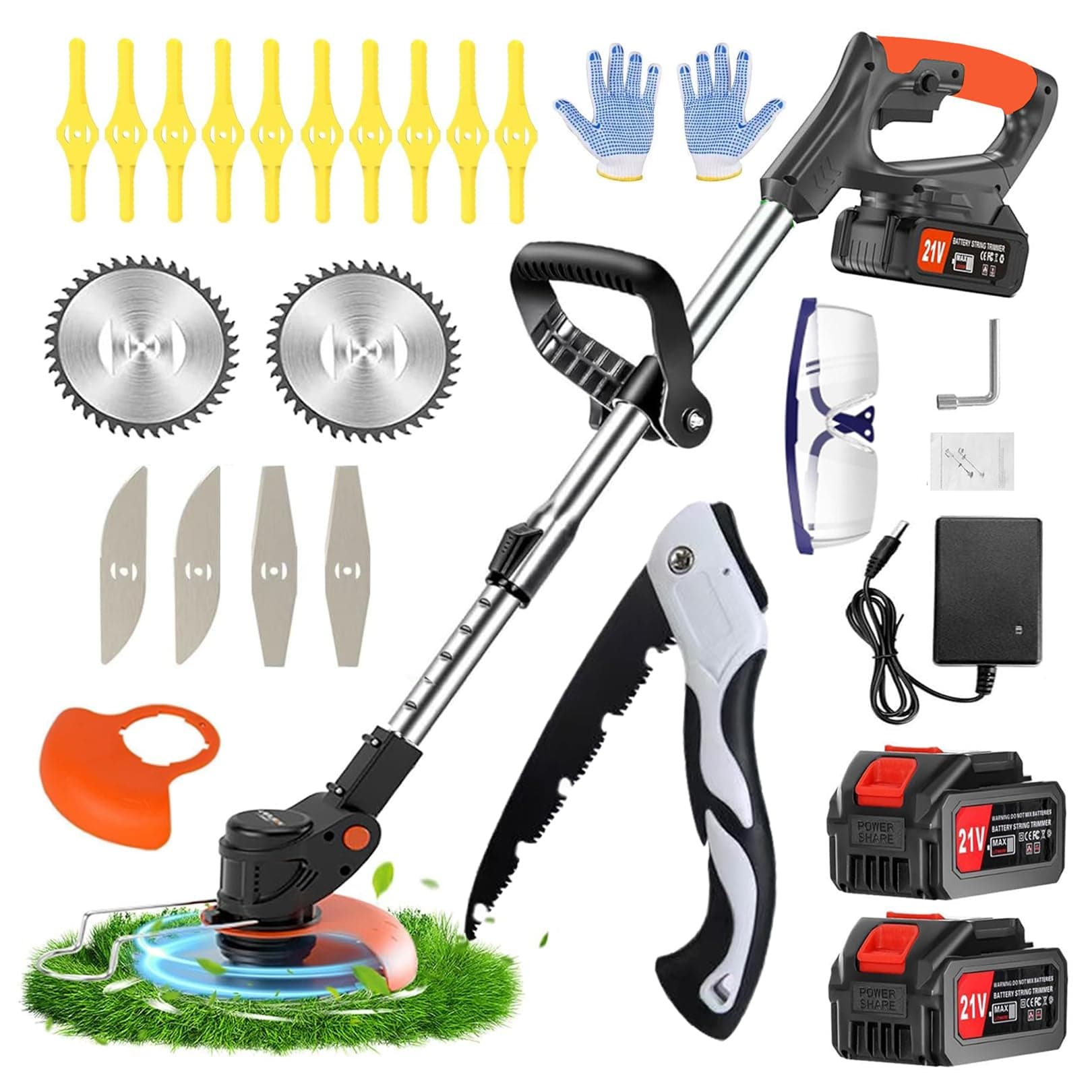 Decespugliatore a Batteria， 21V Tagliabordi a Batteria, Decespugliatore Elettrico con 2 2.0Ah Batterie e 3 Tipi di Lame, Altezza regolabile e testa girevole a 90°Per Il Taglio Di Giardini