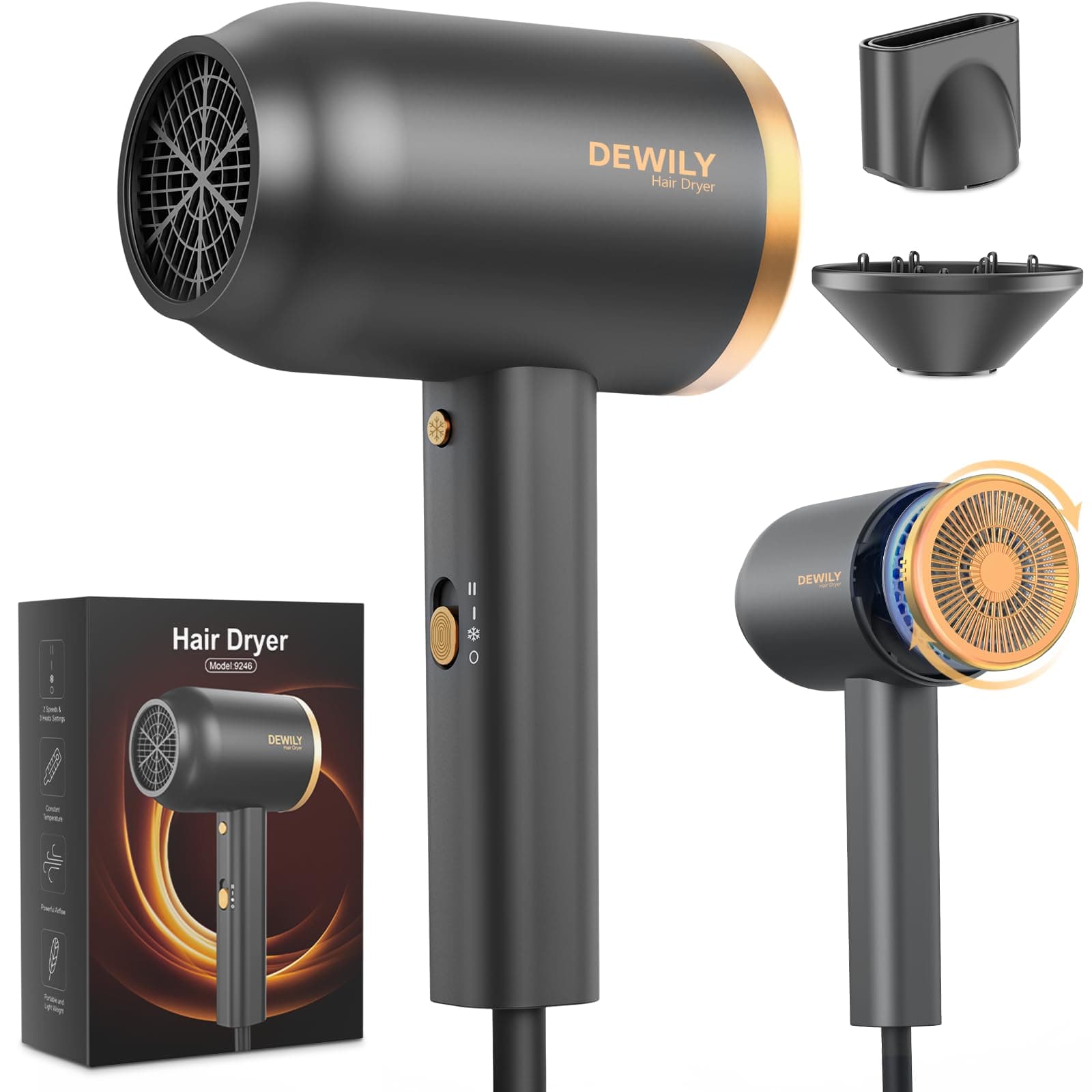 Secador de Pelo Iónico con Difusor DEWILY 1800W - Secado Rápido con Botón Frío/Calor, Difusor Termostático, 3 Temperaturas y 2 Velocidades, Incluye Concentrador y para Rizos,Negro y Dorado