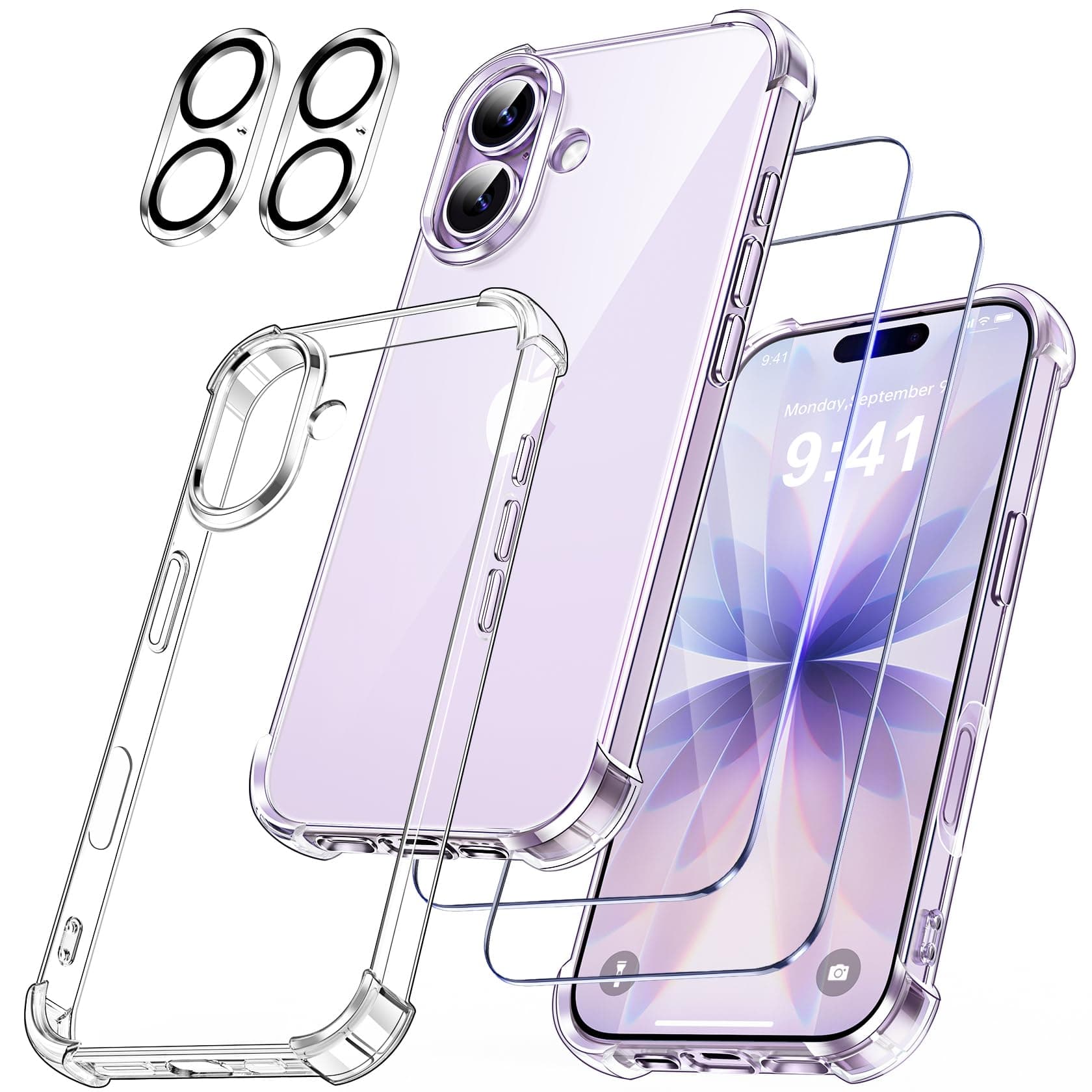 FLLAO 5 en 1 Funda para iPhone 17 con 2 Protector Pantalla y 2 Protector Lente Cámara, [Almohadilla de Aire integrada] Antigolpes Antiarañazos Phone Carcasa 6,3 Pulgadas, Transparente