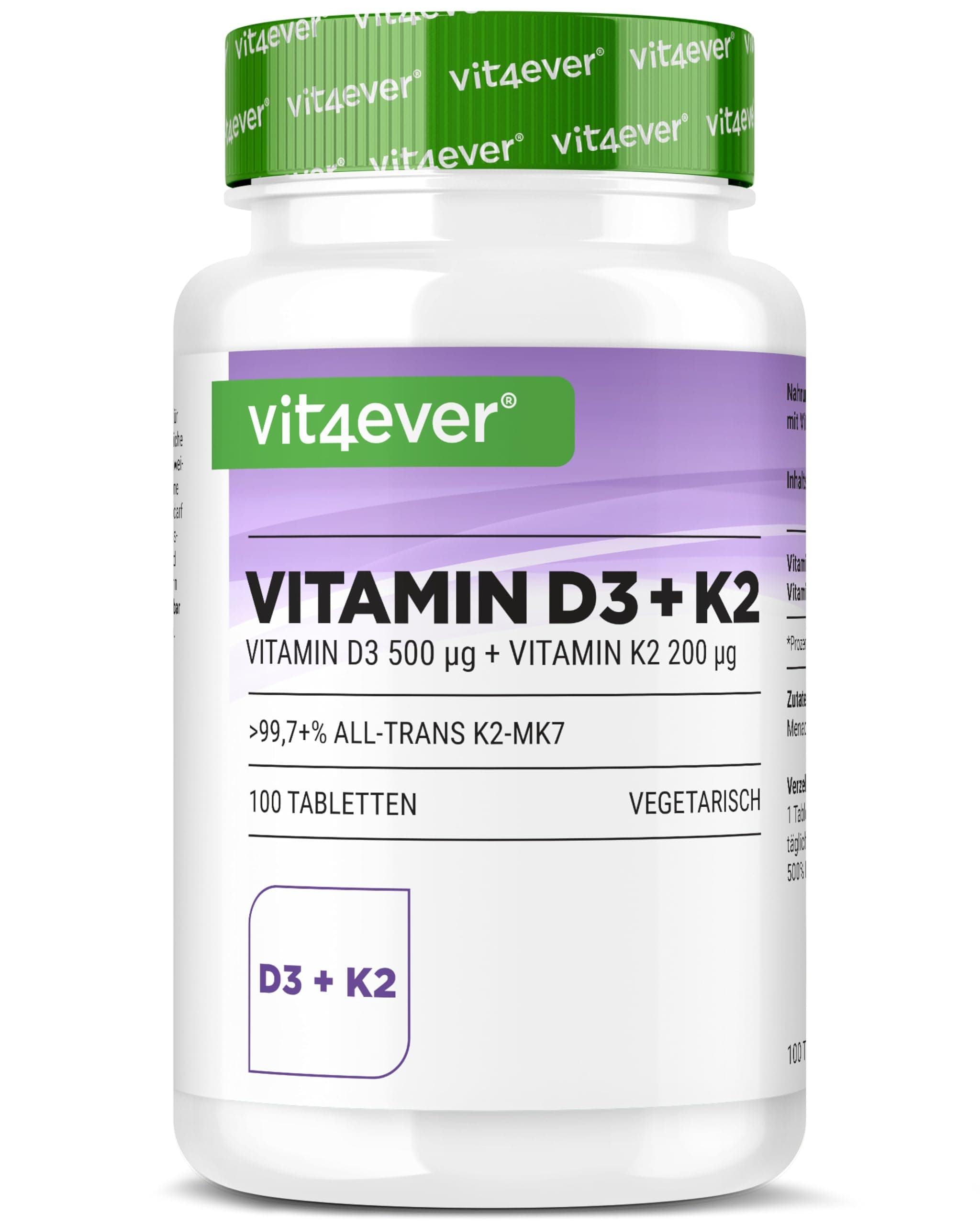 vit4ever Vitamin D3 20.000 I.E + Vitamin K2 200 µg MK7 Depot - 100 Tabletten - Hochdosiert - 99,7% All-Trans MK7 -Vegetarisch - Premium Qualität - Ohne unnötige Zusätze