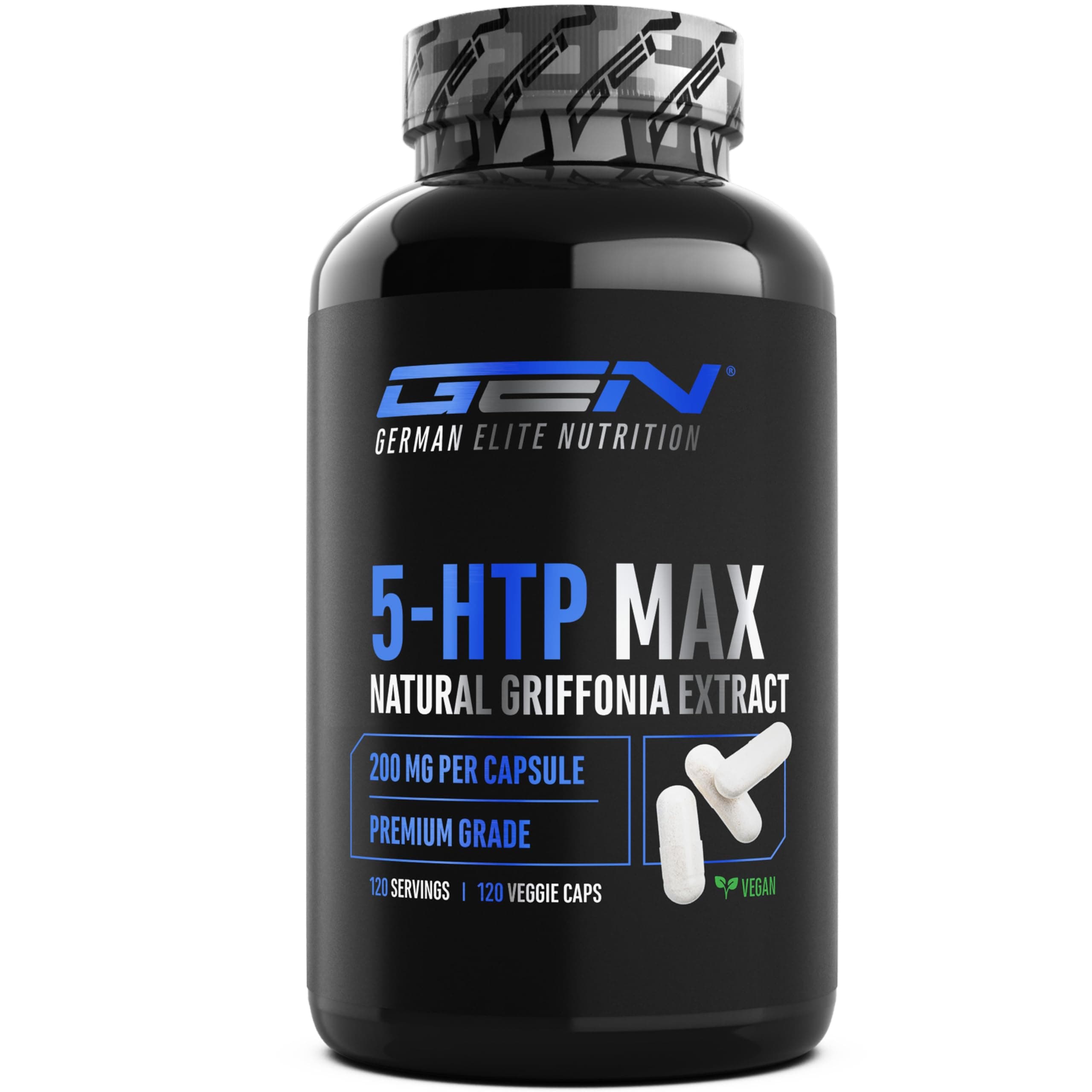 5-HTP MAX - 120 Kapseln - 200 mg 5-HTP aus natürlichem Griffonia Simplicifolia Extrakt - 30% 5HTP-Gehalt im Samen - Rein pflanzlich - Ohne unerwünschte Zusätze, hochdosiert, vegan