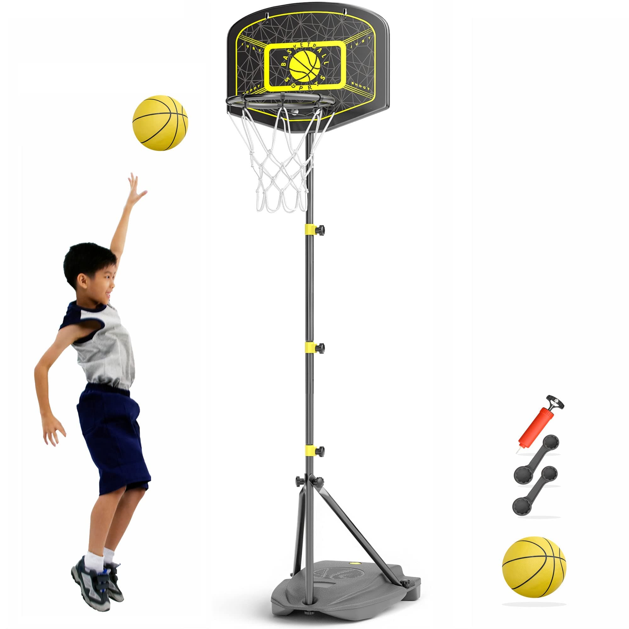 GILIKOKO Cestino da basket con supporto, 110-190 cm, regolabile in altezza, per esterni e interni, per bambini