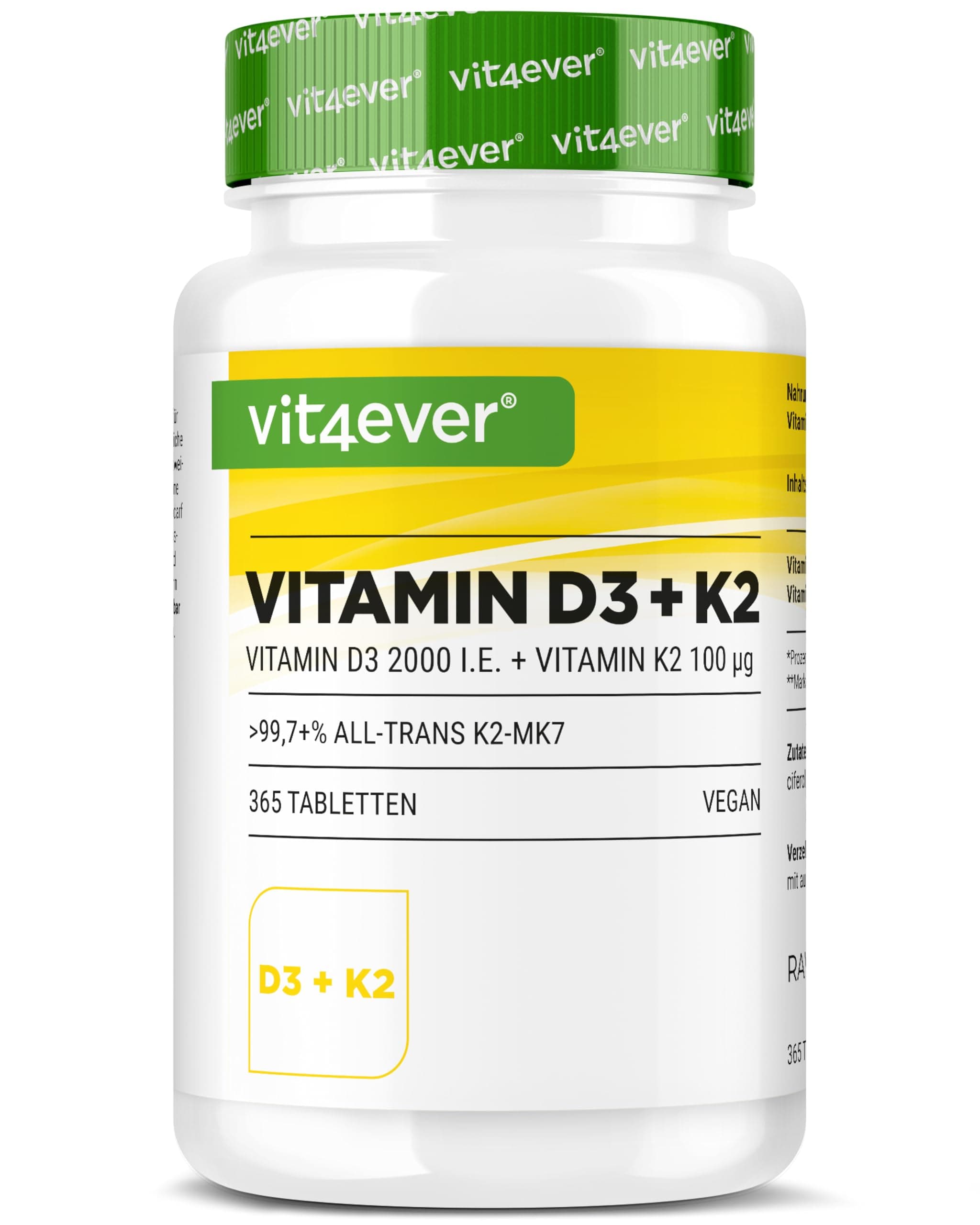 vit4ever Vitamin D3 + K2-365 Tabletten - 99,7% all-trans MK-7 & 2000 IE Vitamin D3 - Premium Rohstoff_ RAW D3® - hochdosiert, optimal bioverfügbar, ohne unnötige Zusätze, vegan