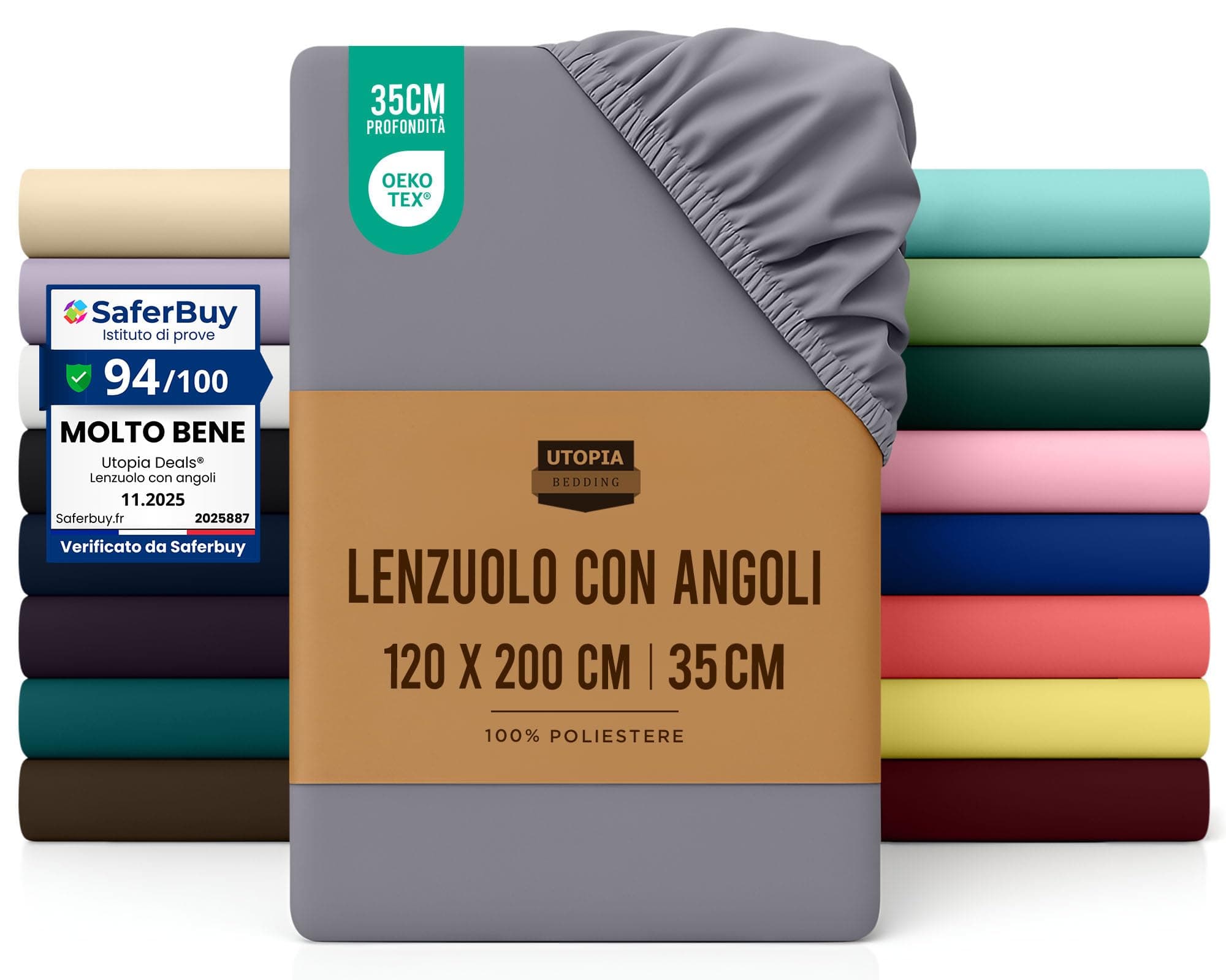 Utopia Bedding Lenzuolo con Angoli Una Piazza e Mezza Francese - 120x200cm - Grigio - Certifié Oeko-TEX - Microfibra Spazzolata - Lenzuolo Sotto con Angoli Elasticizzato