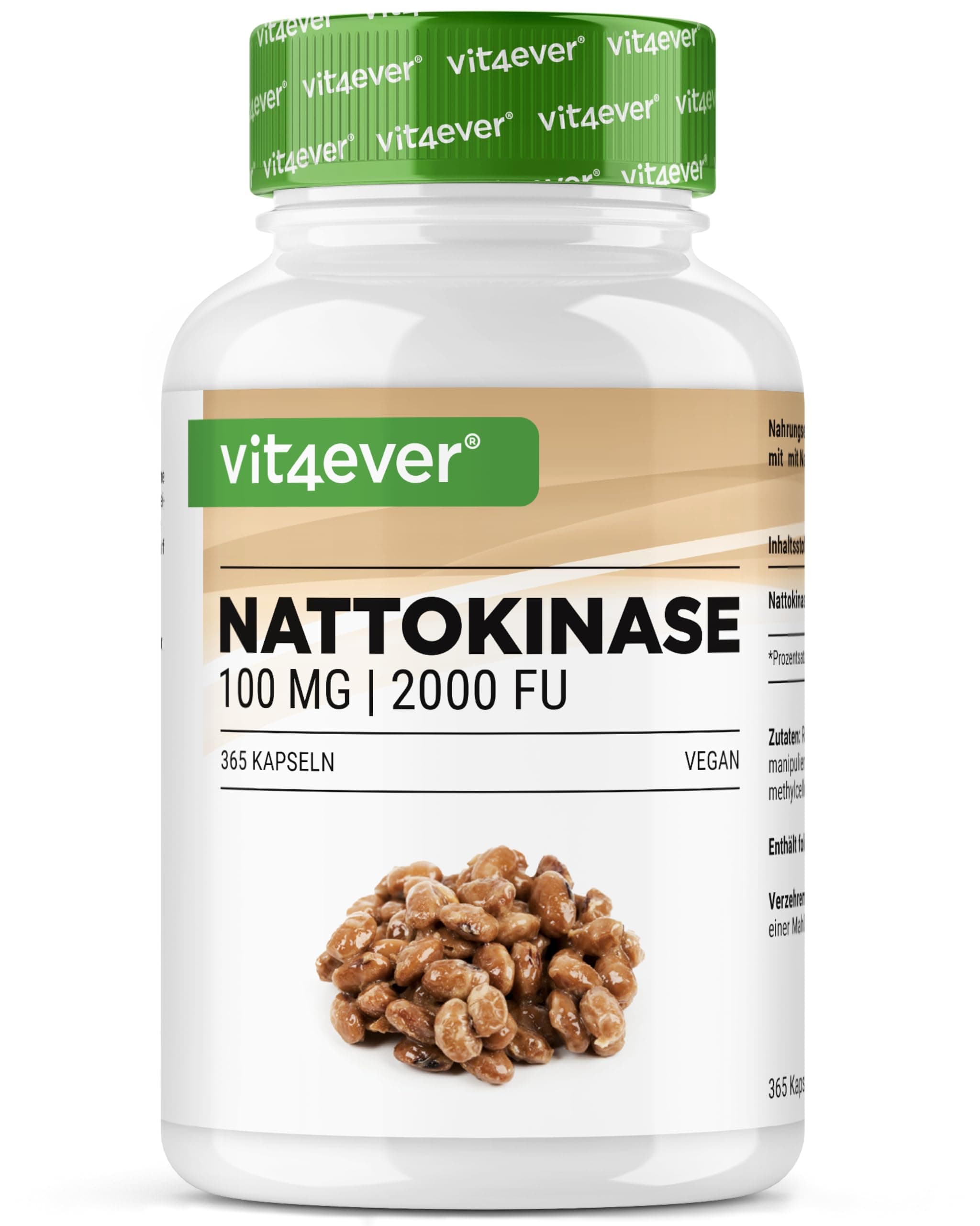 Nattokinase - 365 Kapseln mit je 100 mg (20.000 FU/g) - 12 Monatsvorrat - Vegan - Ohne Gentechnik - Ohne unerwünschte Zusätze
