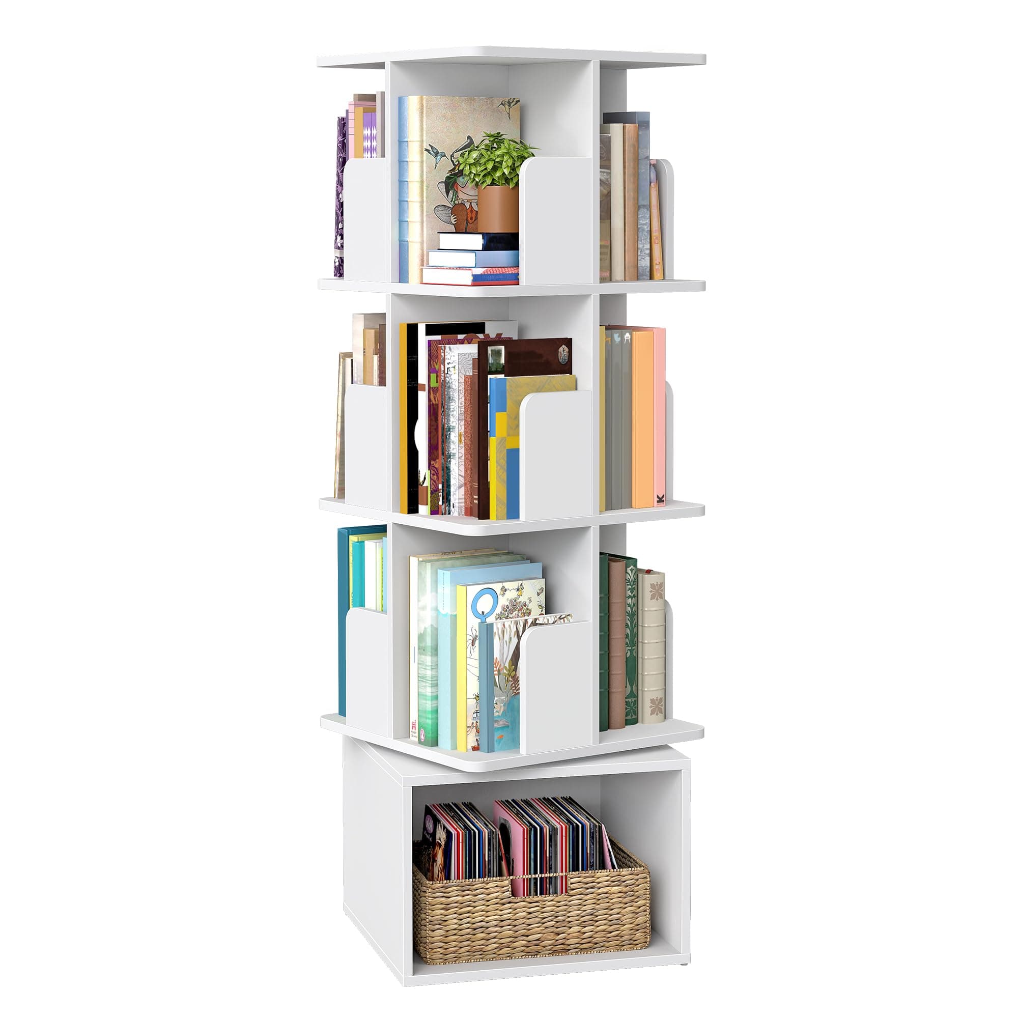 VASAGLE Custos Kollektion - Drehbares Bücherregal, Aufbewahrungsregal mit 4 Ebenen, Standregal mit offenen Fächern, 40 x 40 x 124,6 cm, für Schlafzimmer, Wohnzimmer, Büro, wolkenweiß LBC471WB01