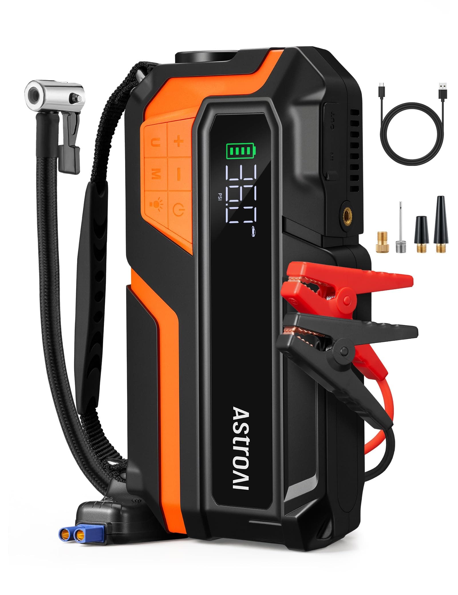 AstroAI MF16 Arrancador de Baterias de Coche de 6000 A con compresor de 150 PSI, Booster Bateria Portatil (para 8L Disésel o 10L Gas), Jump Starter con Protección Inteligente con Luz LED y Pantalla
