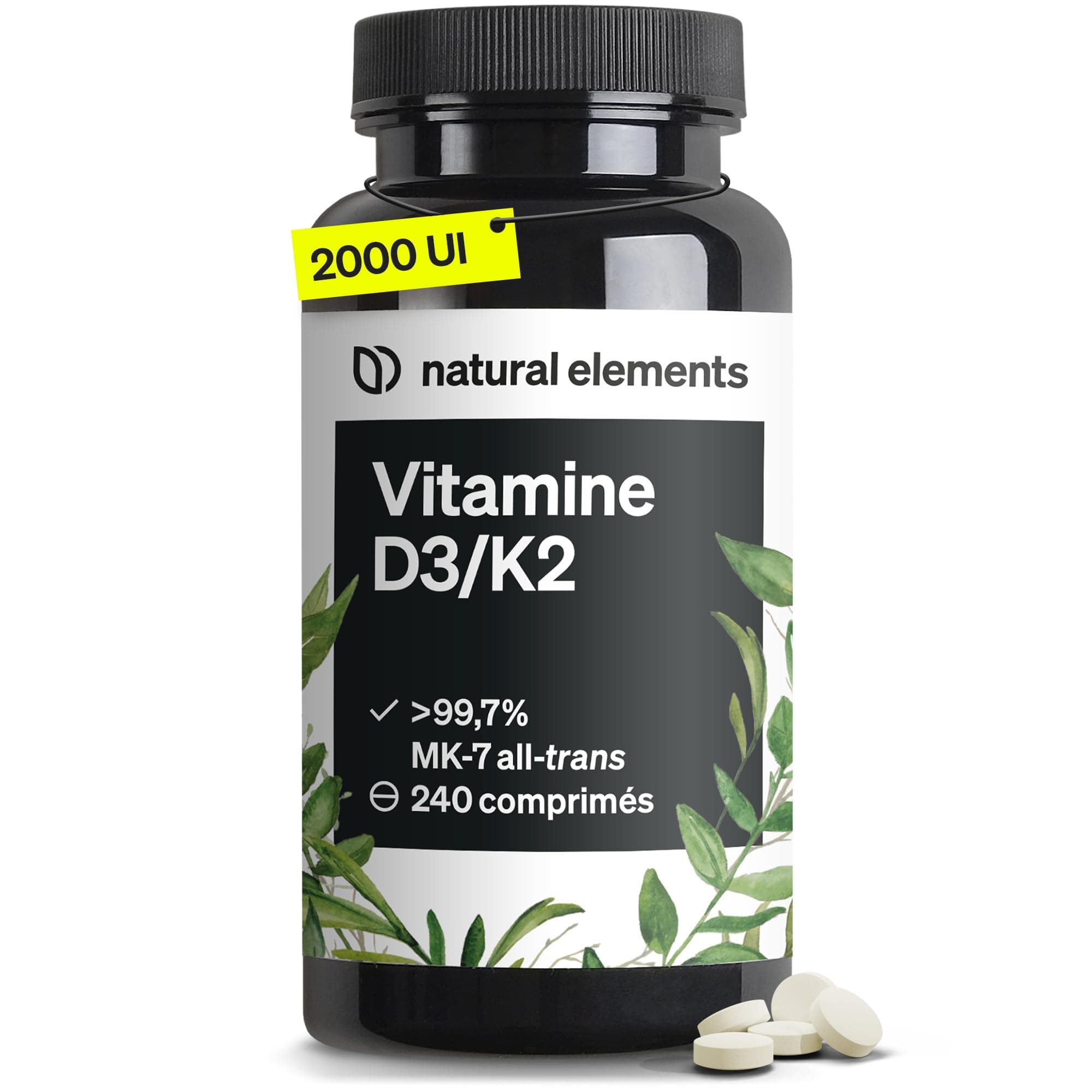 Vitamines D3 et K2 – MK-7 all-trans > 99,7% et vitamine D3 2000 U.I. – 240 comprimés – hautement dosé, haute biodisponibilité – sans additifs inutiles